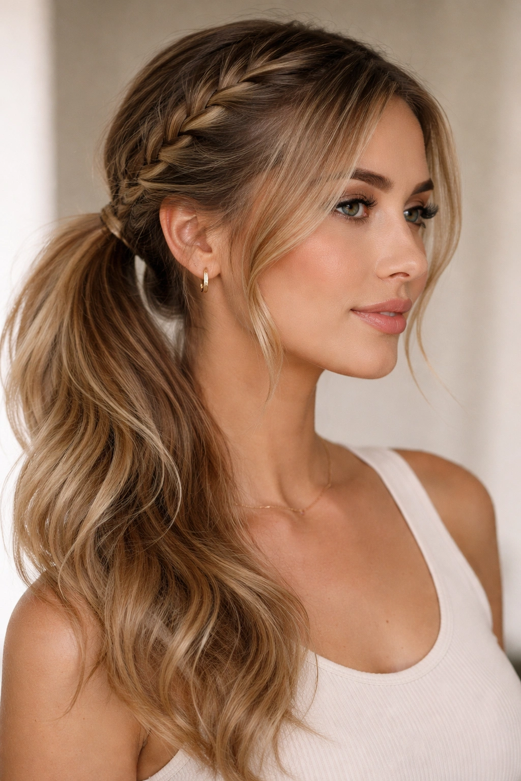 Side braid blending into a ponytail