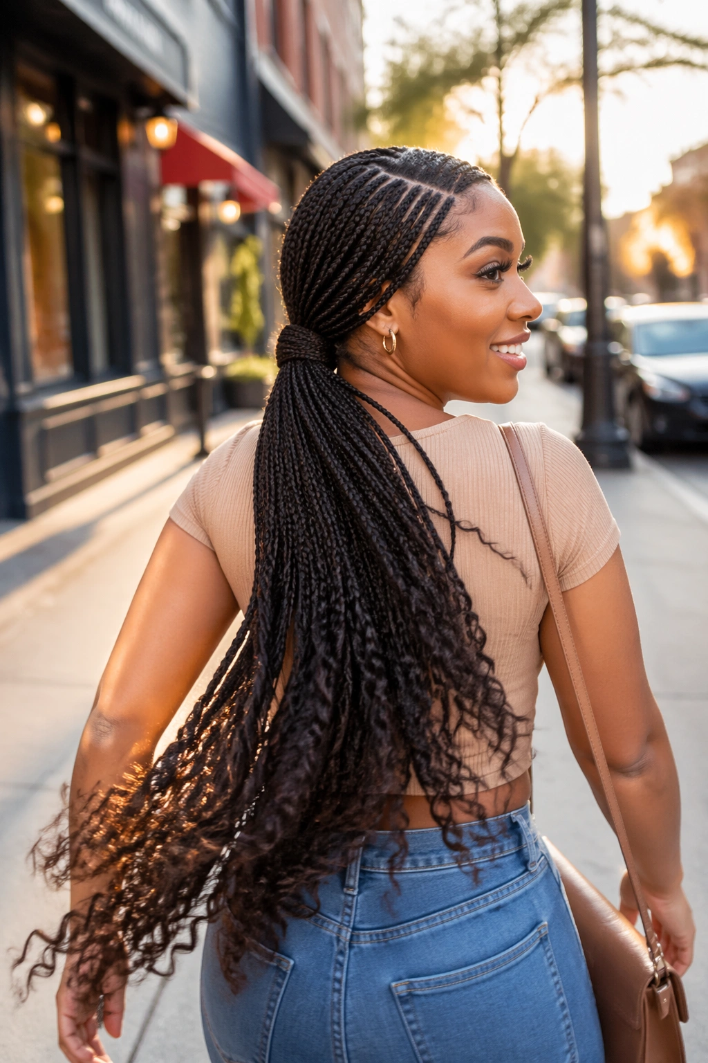Braided low side ponytail in golden-hour street scene.