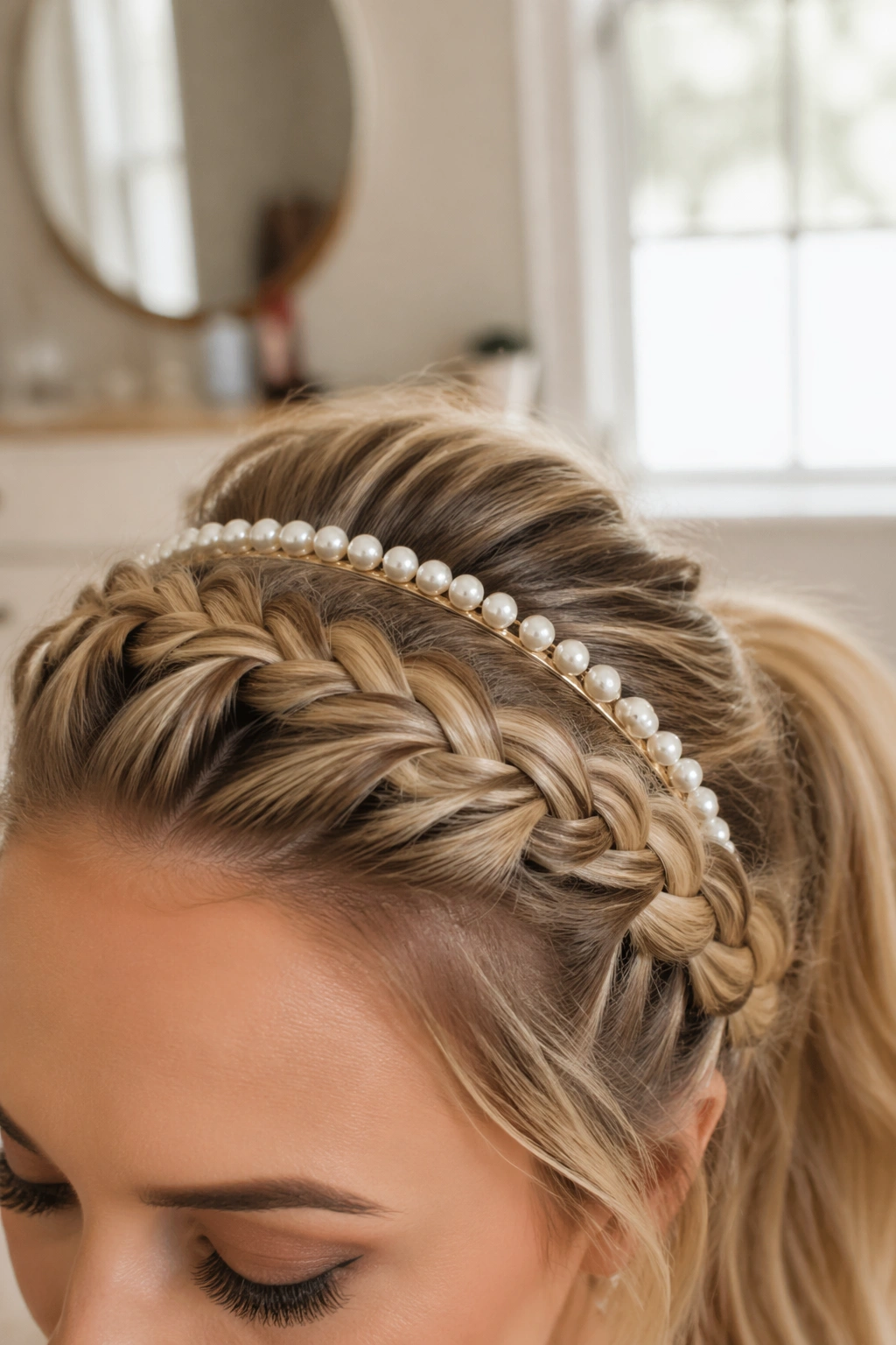 Close-up of braided crown and pearl headband framing a ponytail.