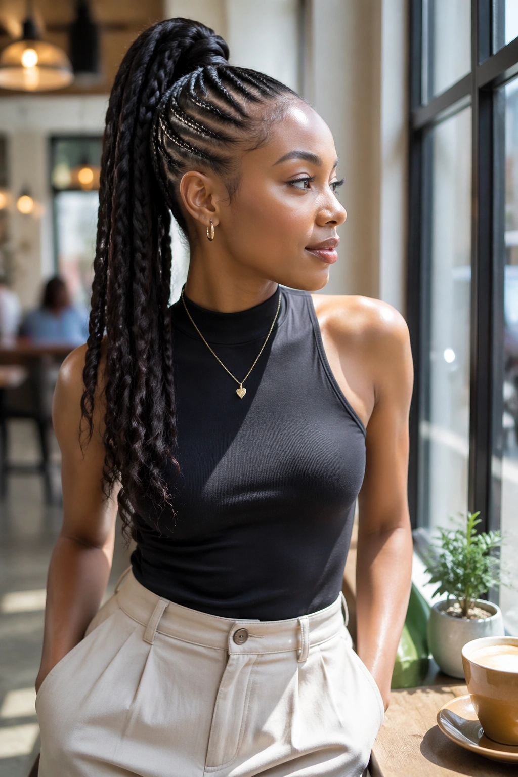 Braided high ponytail with wrapped base in cafe lighting.