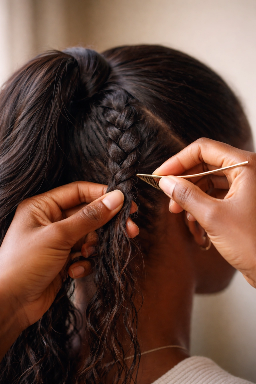 Hands unbraiding a French braid ponytail with a tail comb