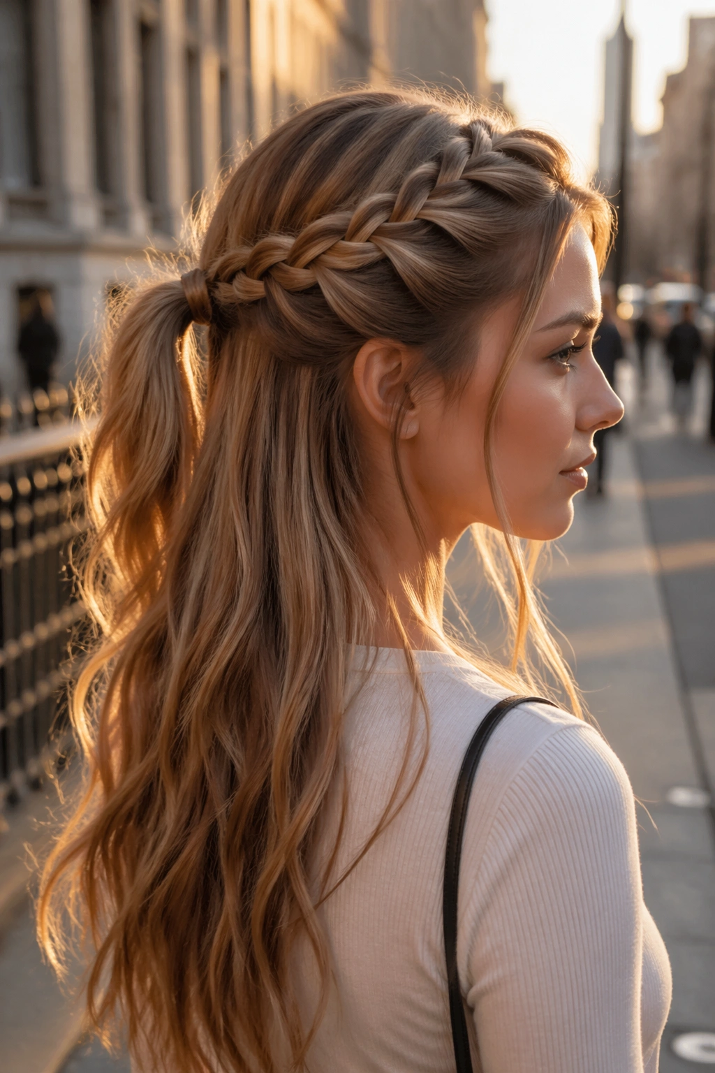 Braided side half-up ponytail with diagonal braid.