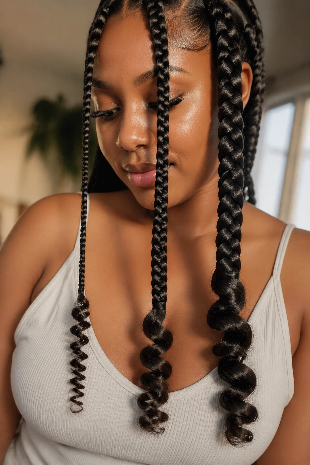 Three braids of different thickness with curly ends on a real person's head.