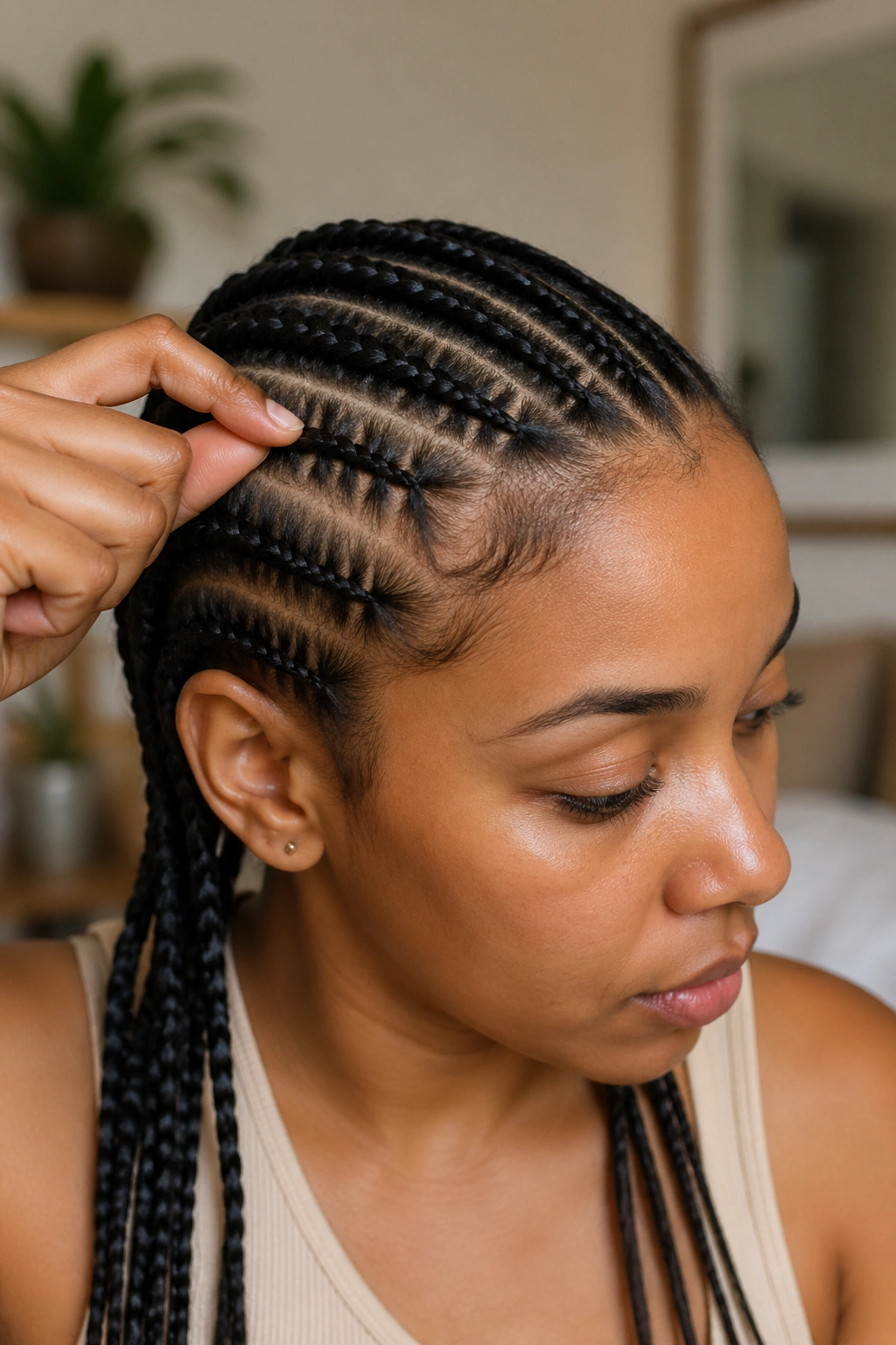 Hand testing braid tension on scalp on a real person