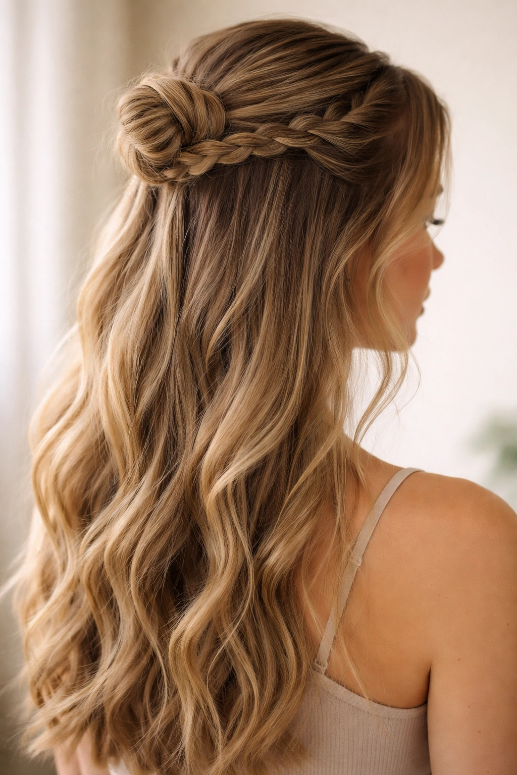 Half-Up braid transformed into a small bun at the crown