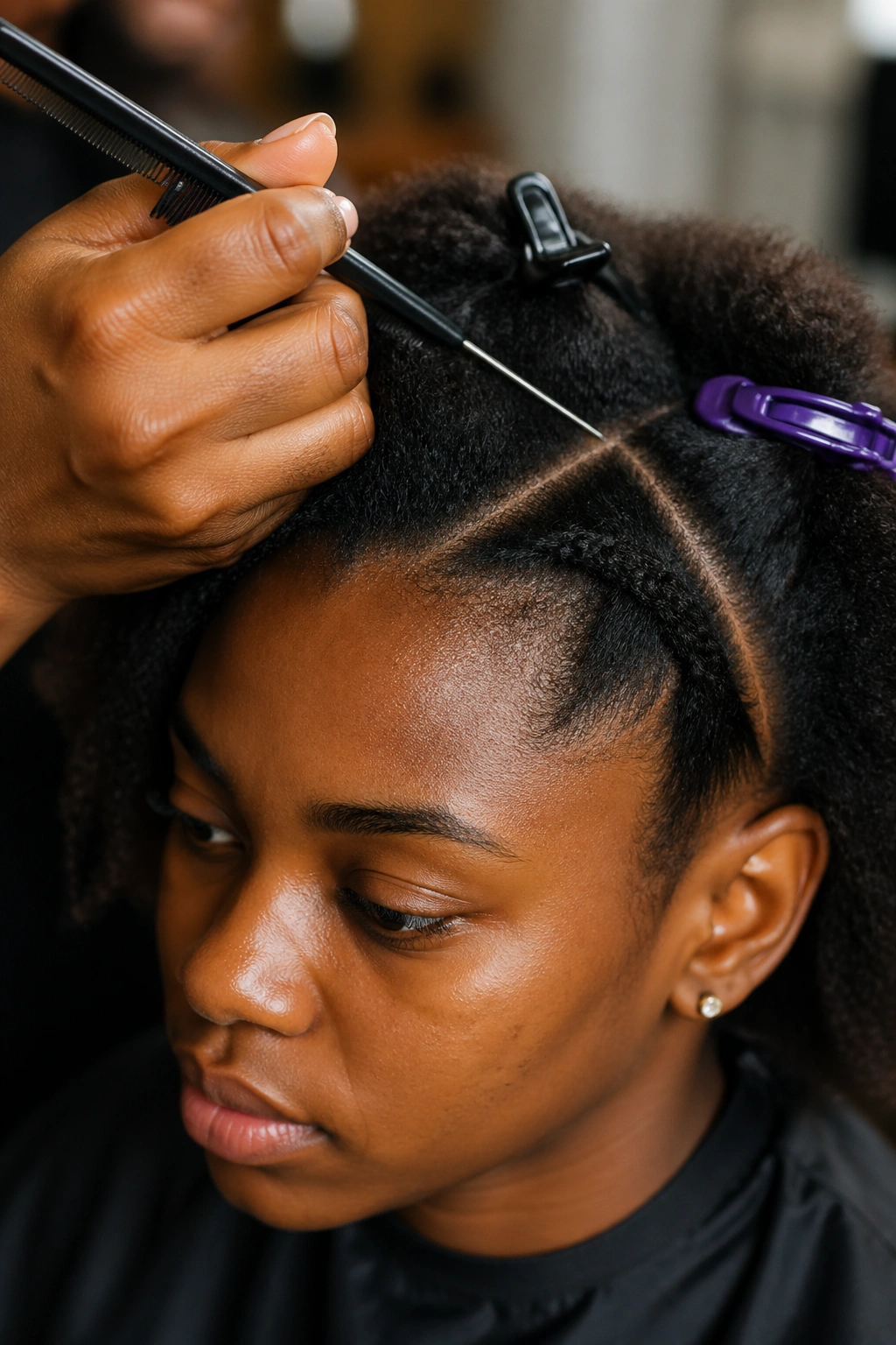 Real person with small cornrows in progress and combs in view