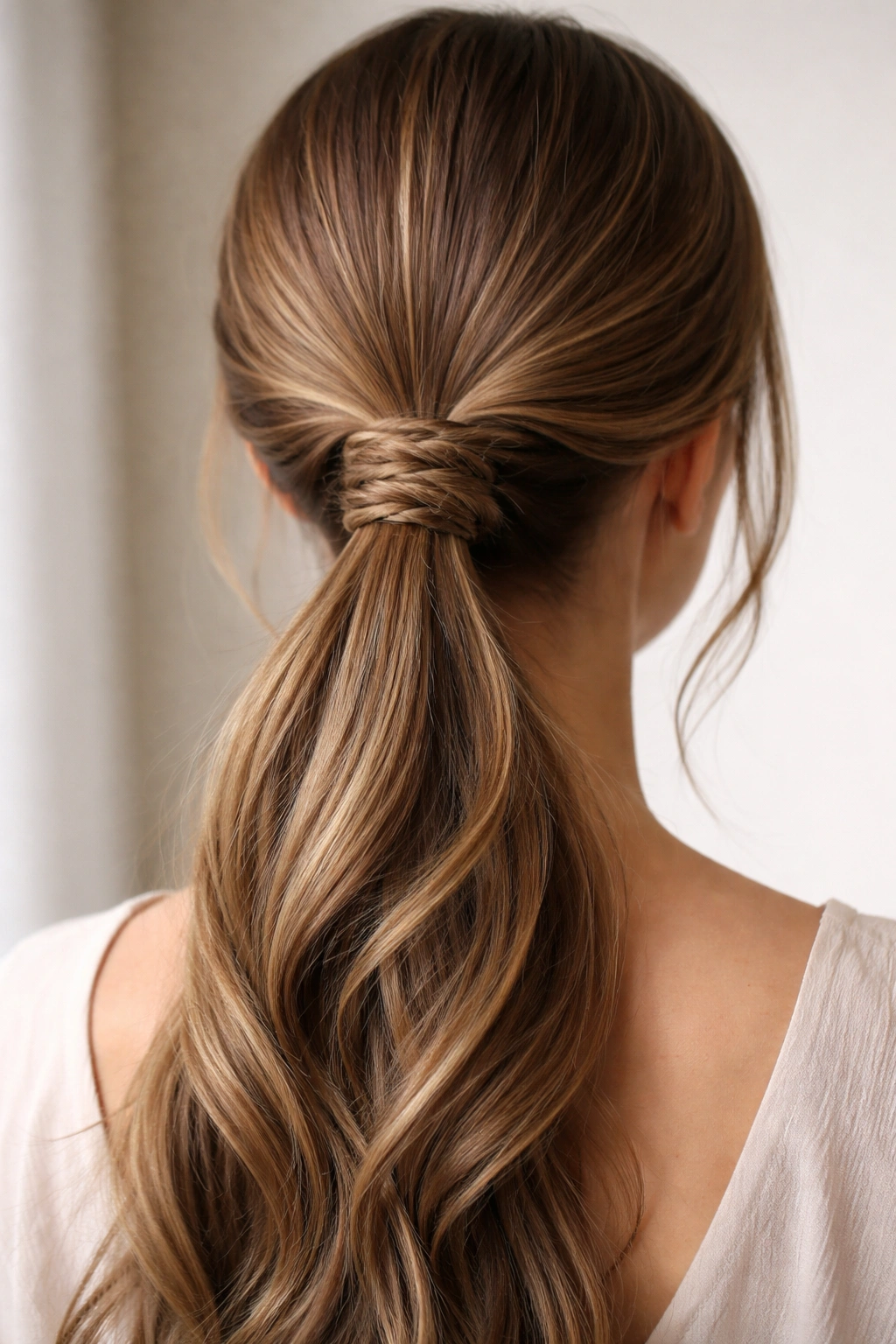 Low ponytail with braided wrap around base hiding elastic