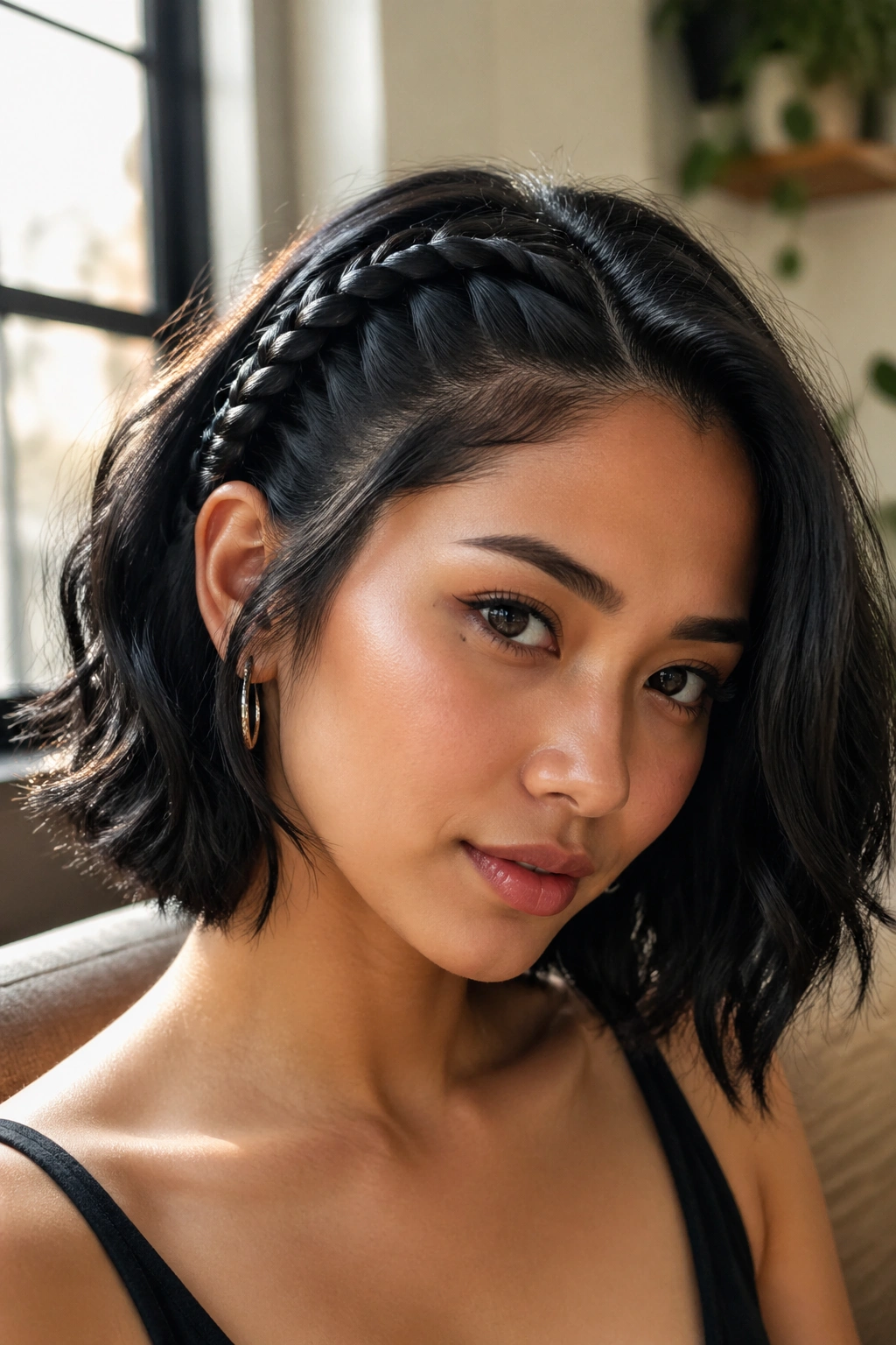 Close-up of a woman with a small French braid accent in a black wavy bob