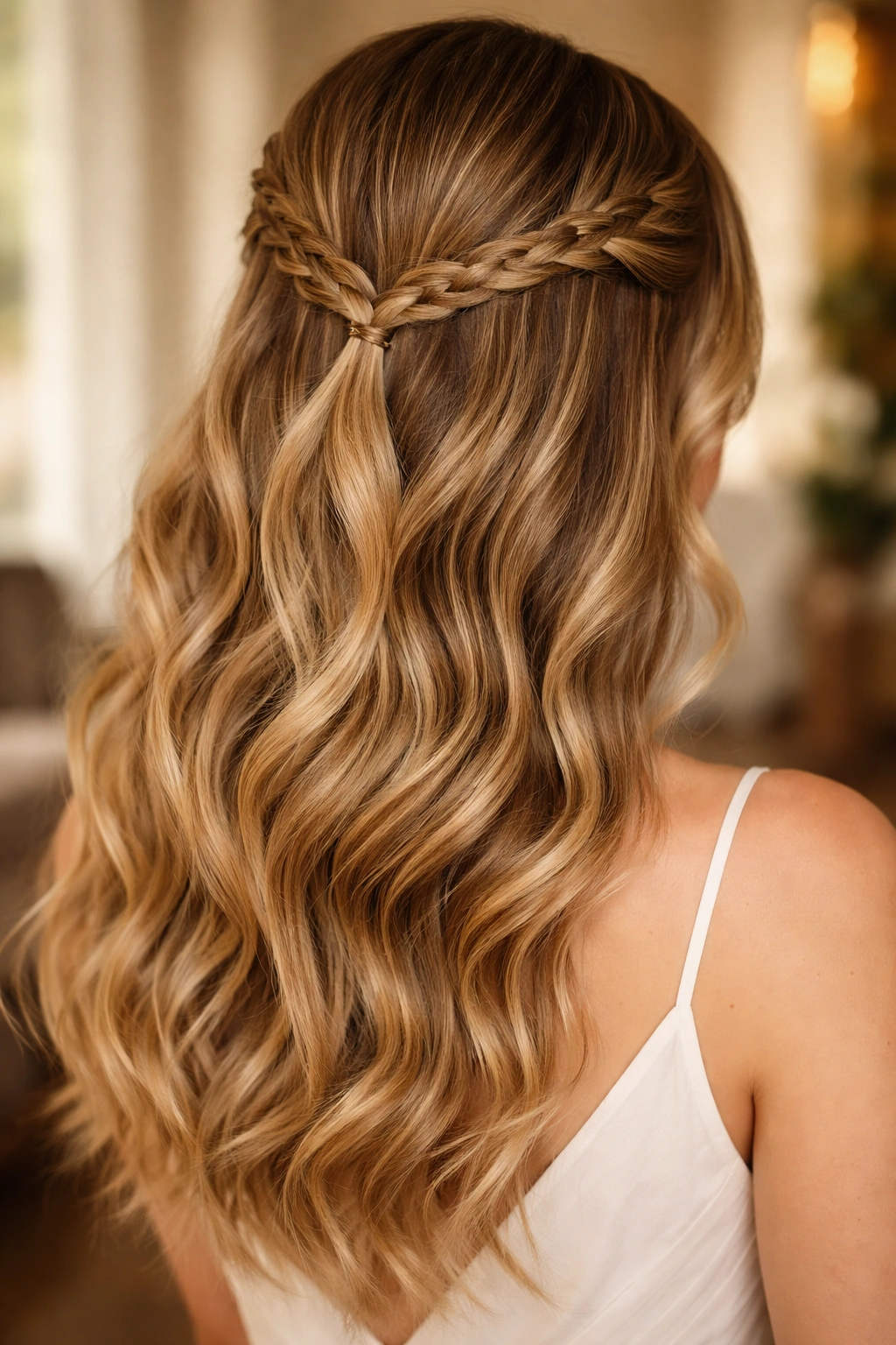 Close-up of a real woman wearing a braided accent half-up with a small braid and loose waves