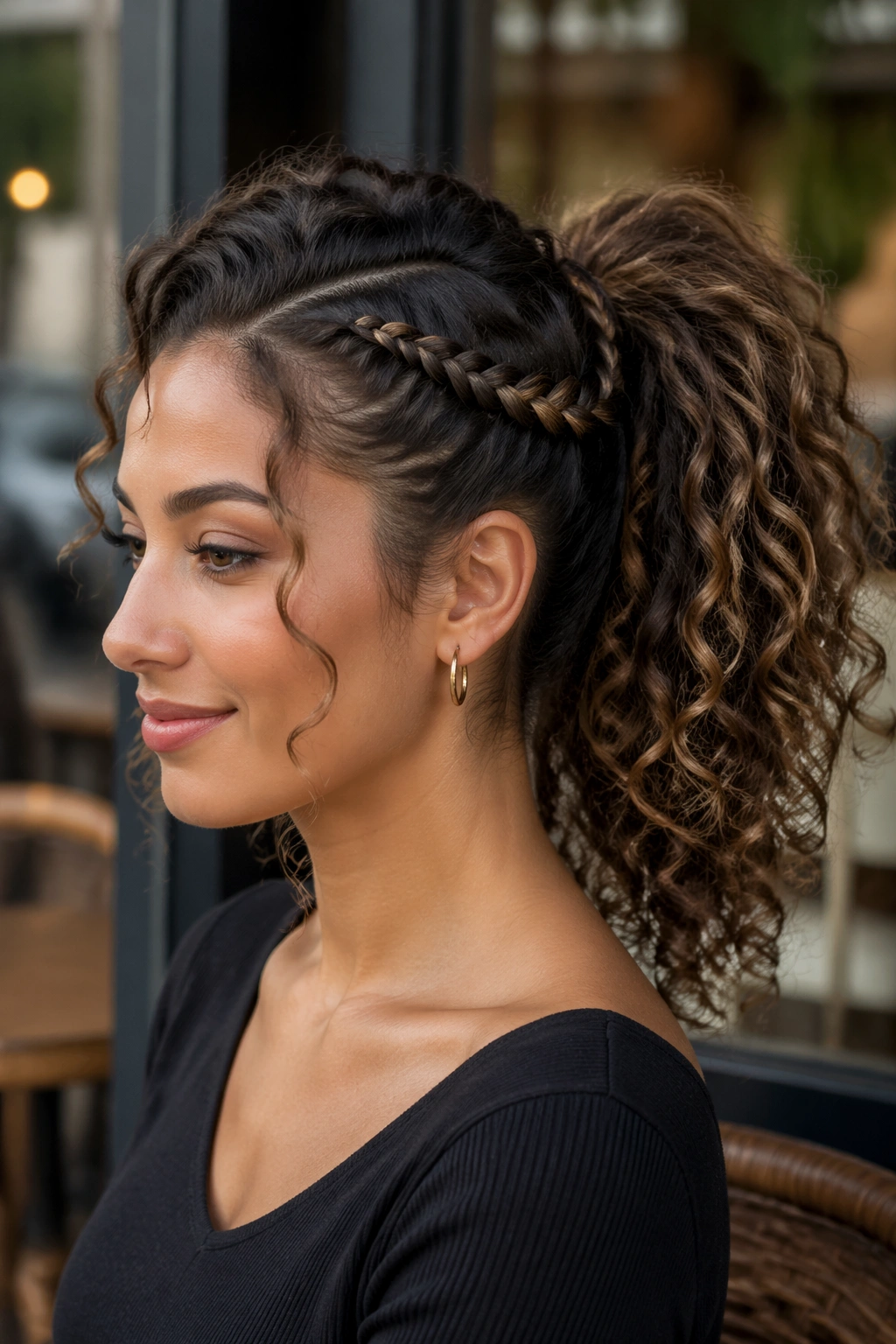 Close-up of a real woman with a braided accent into a ponytail at the temple area