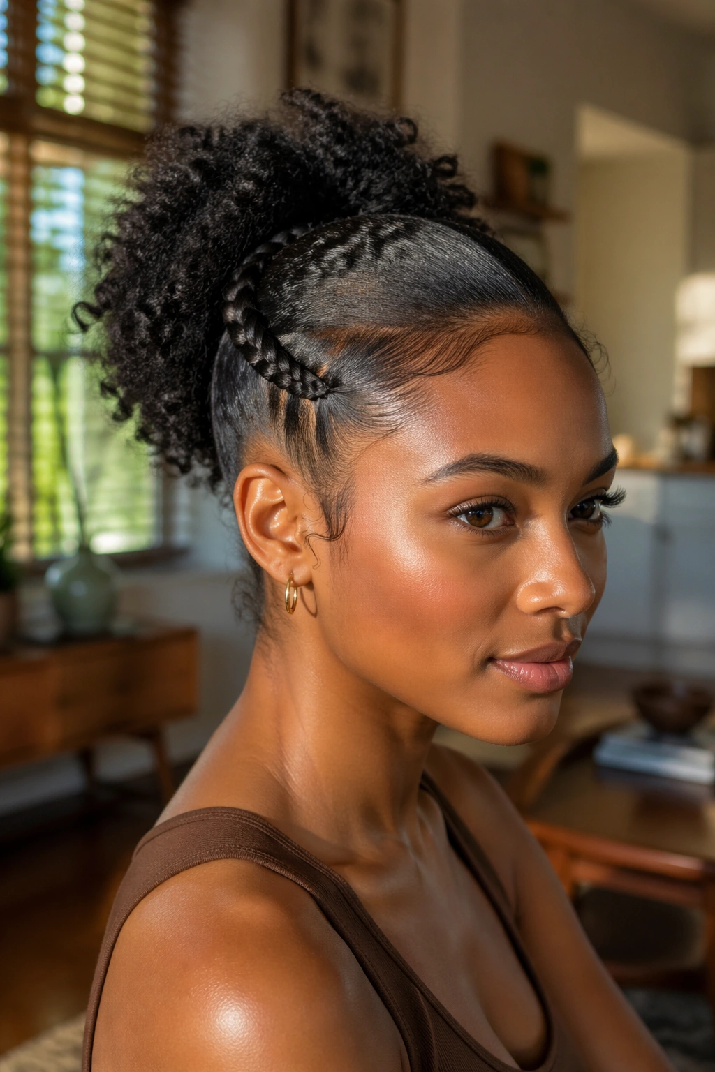 Close-up portrait of a real Black woman with a braided-accent ponytail in a sunlit living room