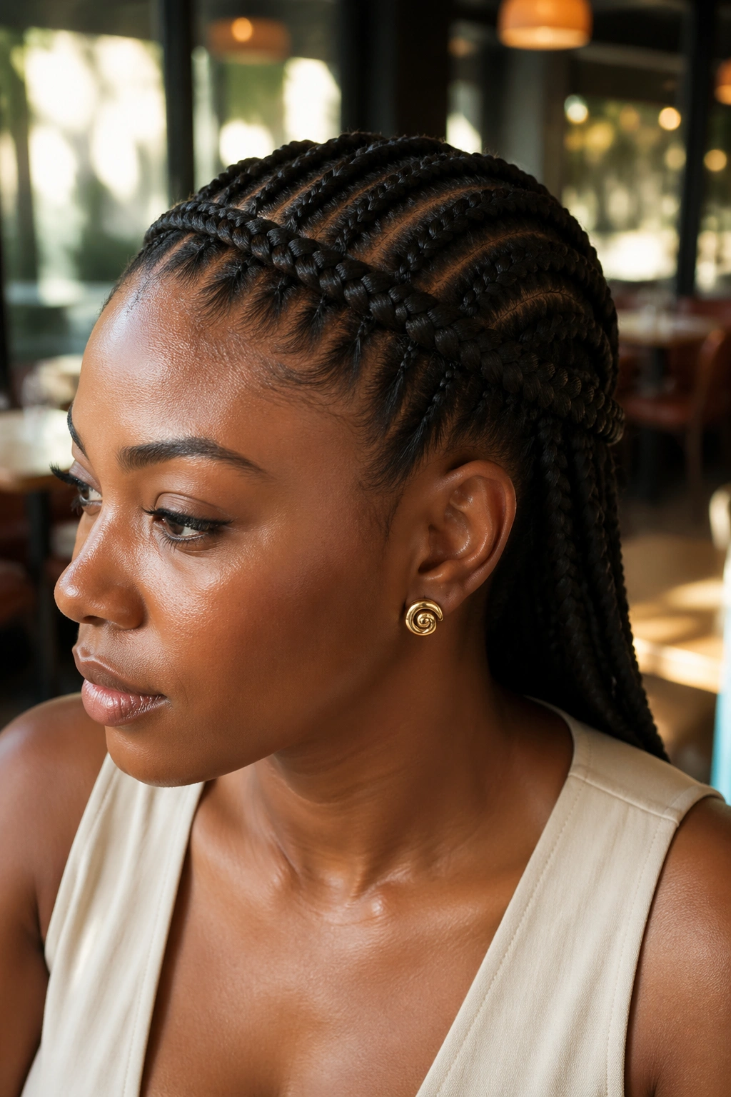 Portrait of a real woman with a braided accessory band across the head.