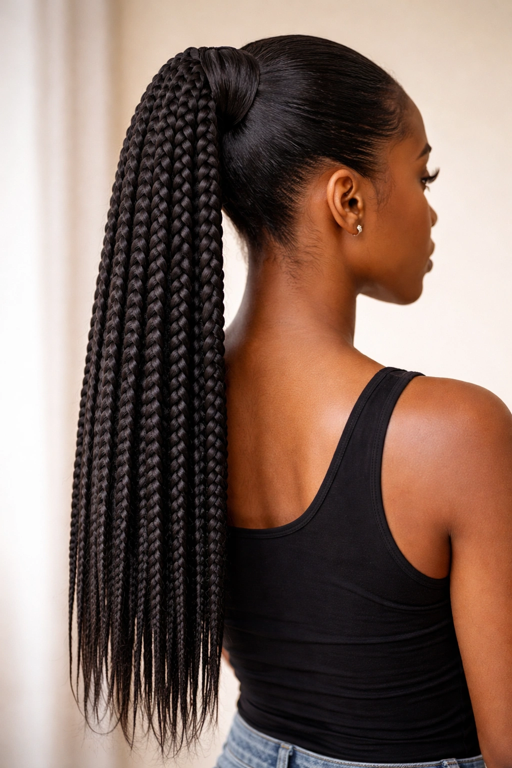 Pre-braided Afro-textured ponytail extension attached to a bun
