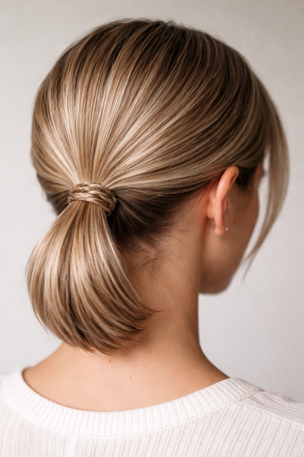 Close-up of braided-band low ponytail with slim base braid at the nape
