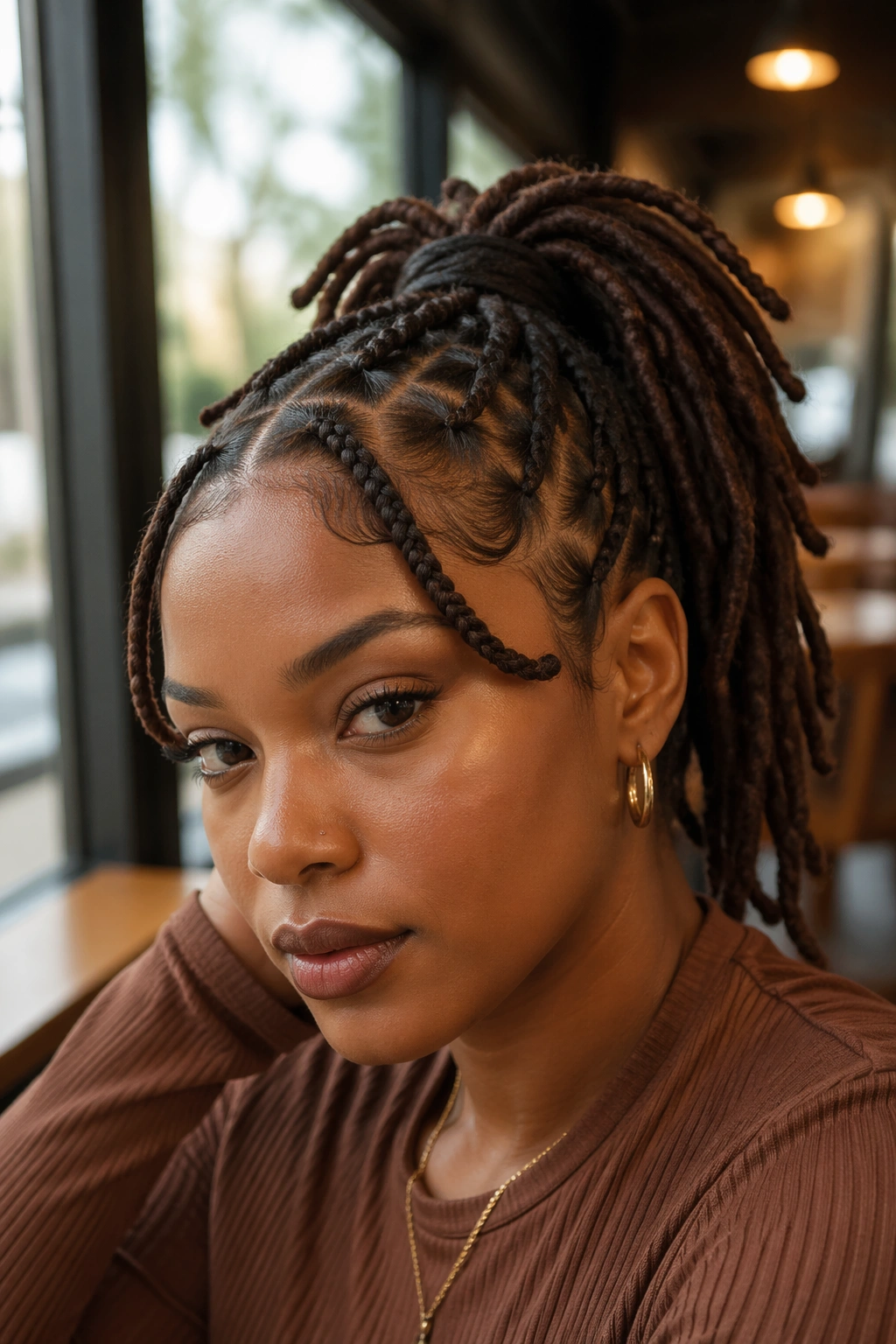 Close-up of a real woman with braided bang butterfly braid ponytail on locs