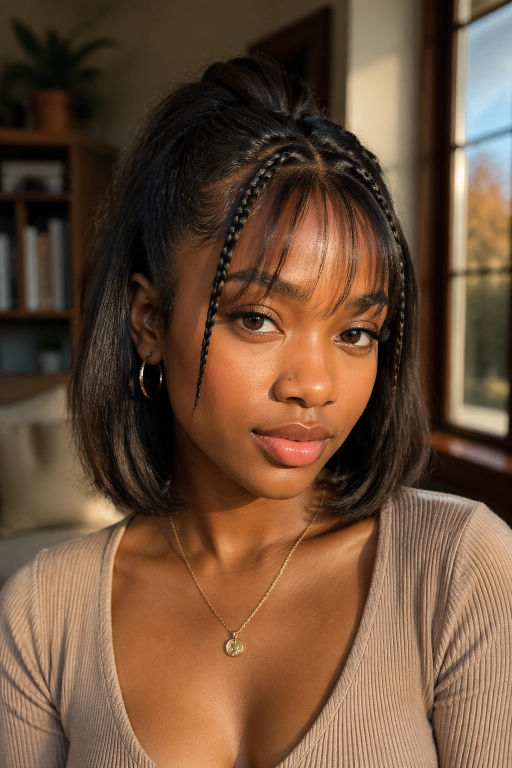 Close-up portrait of a real Black woman with braided bangs and half-up bob in warm light.