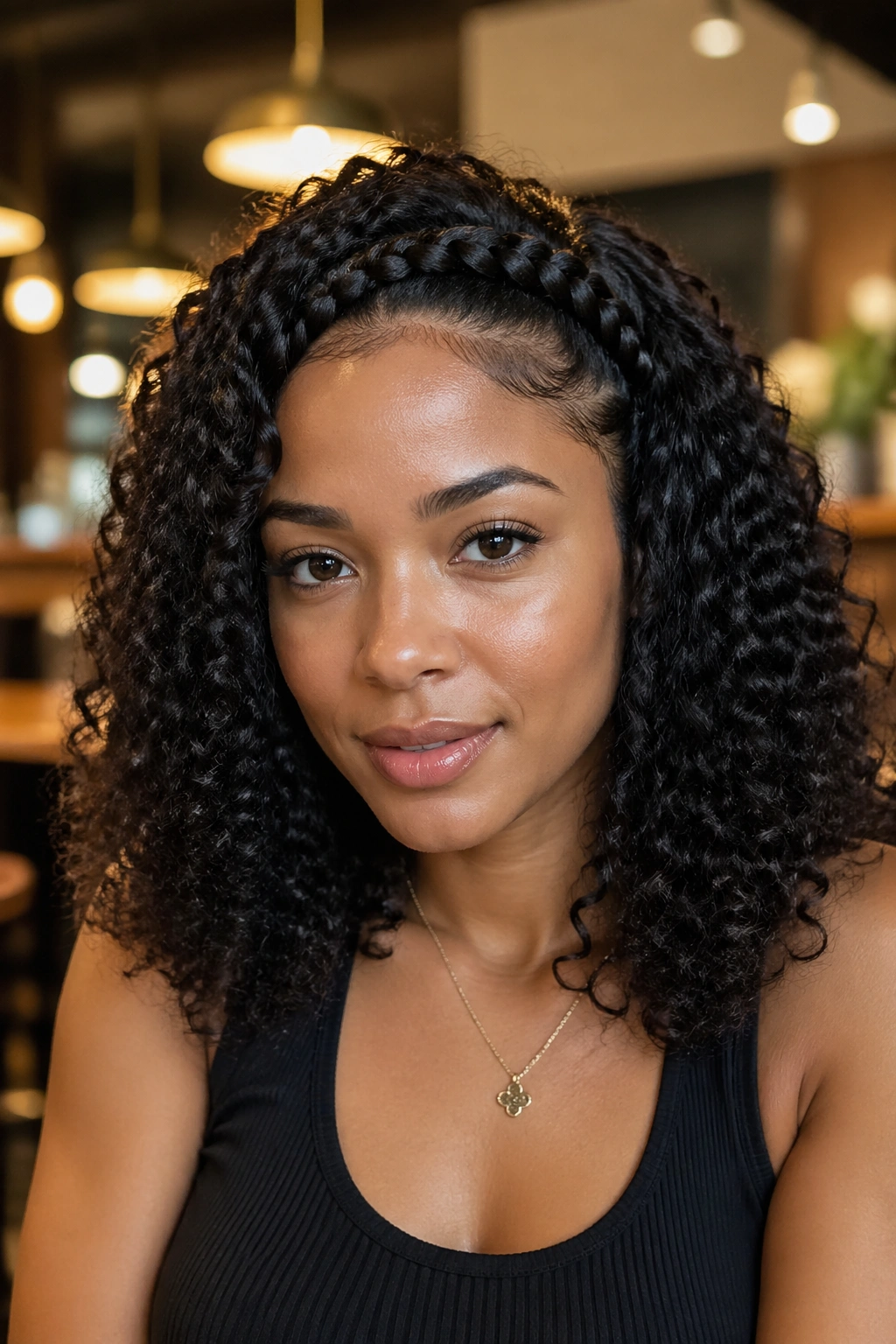 Portrait of a real person with braided bang integrated into natural curls.