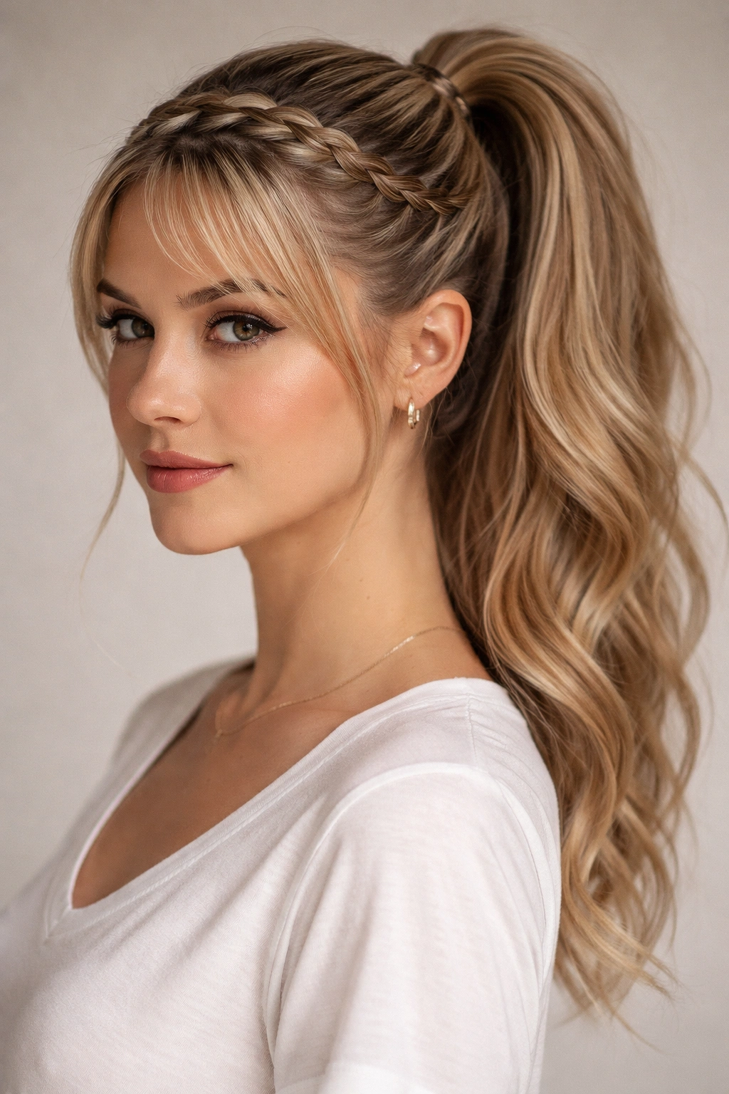 Front braided bang integrated into a high ponytail