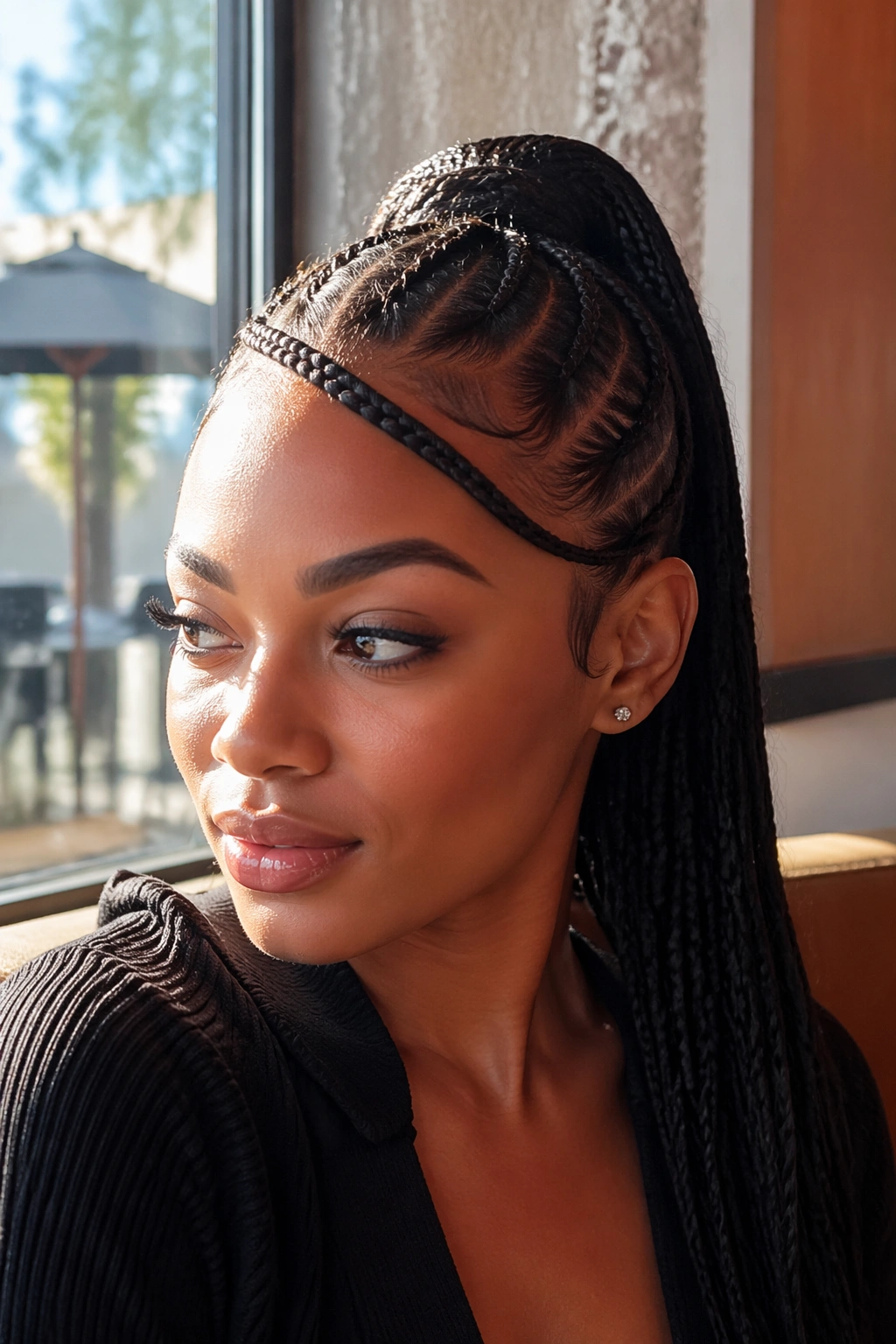 Close-up of a real woman with a braided bang feeding into a ponytail.