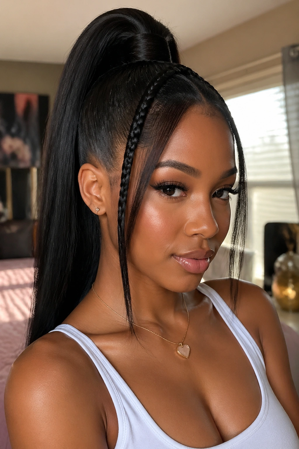 Close-up of a real woman with a high ponytail and braided bang in natural window light
