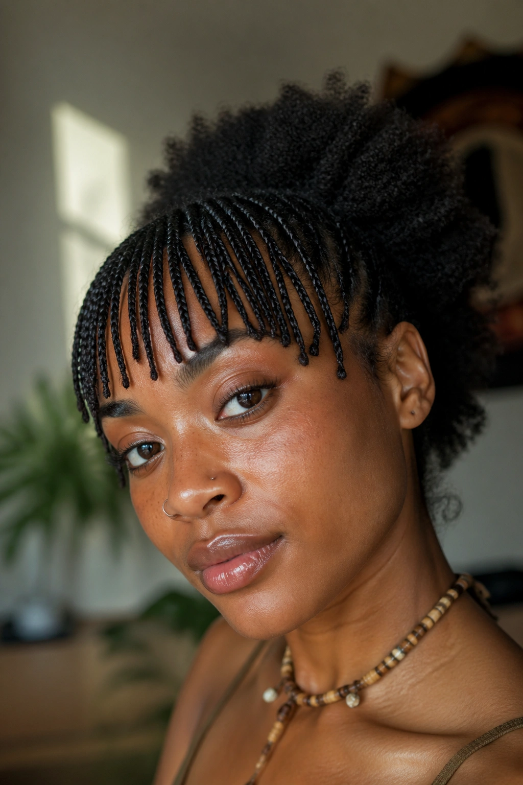 Close-up of a real woman with braided bangs and loose afro at back