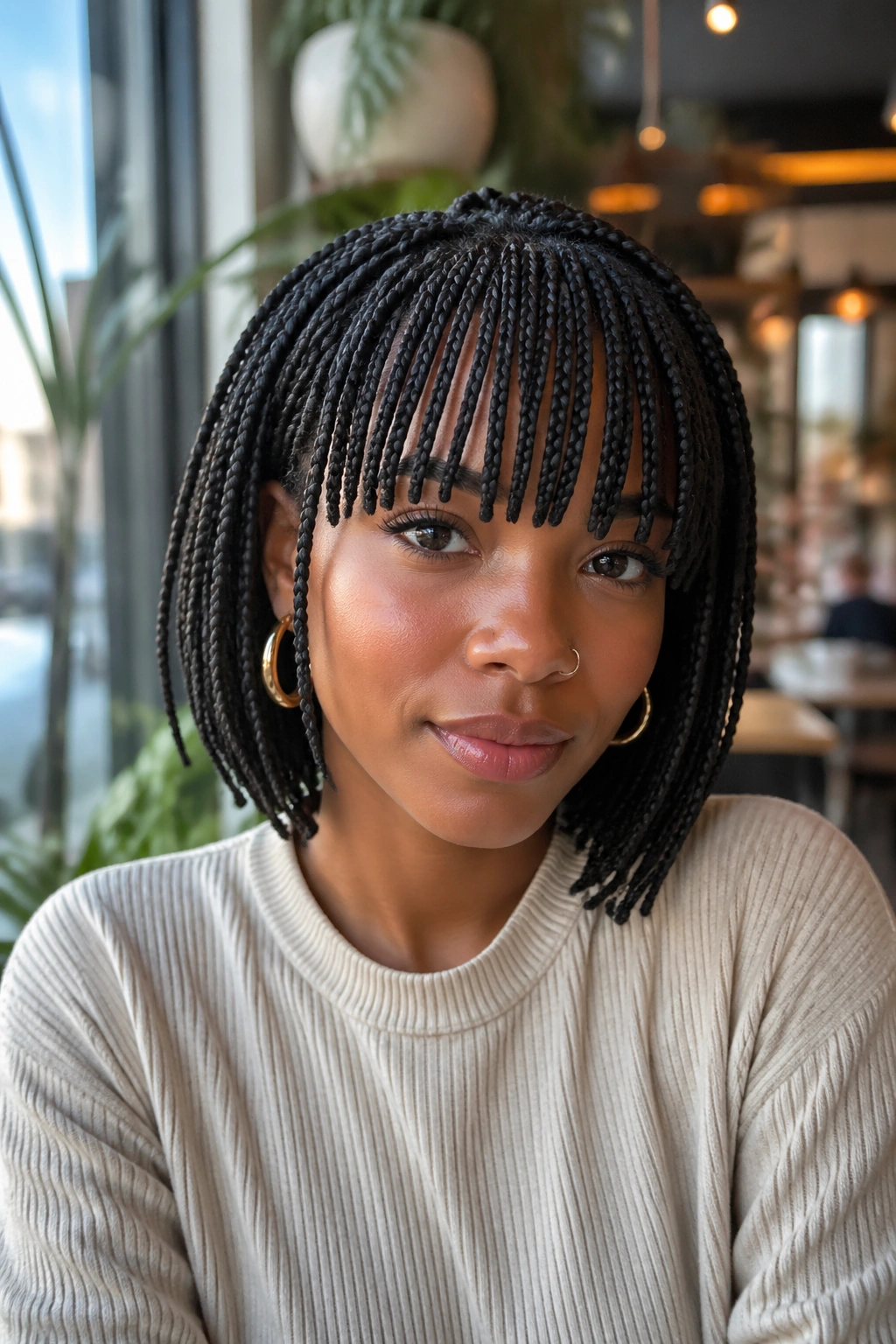 Close-up of a real woman with braided bangs bob framed by soft light in a cafe setting.