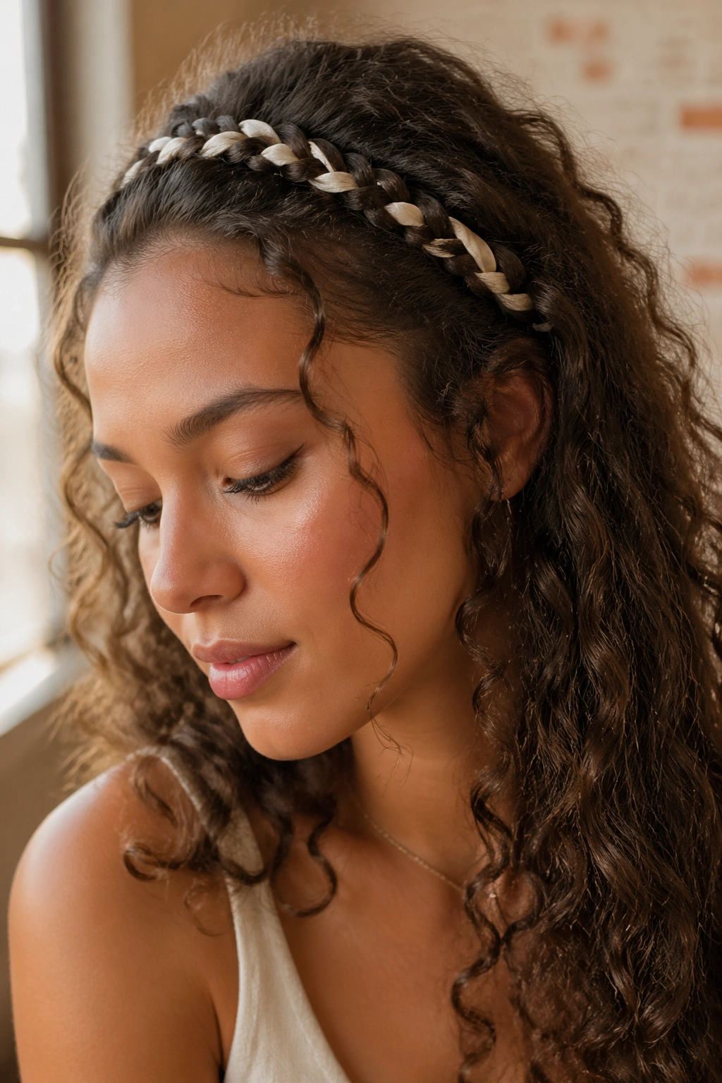 Close-up of a woman with braided bangs and free-back hair in natural light.