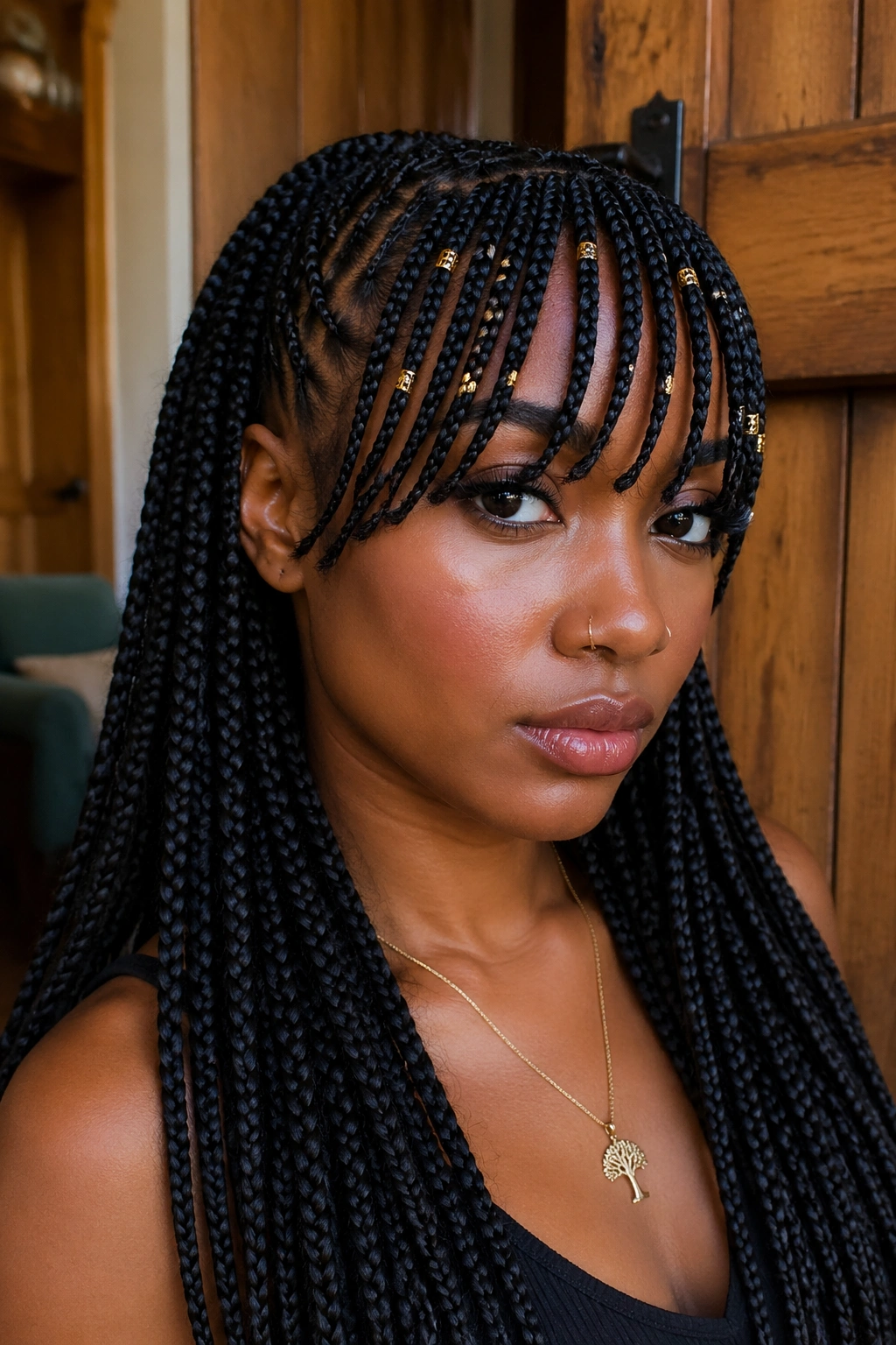 Real woman with braided bangs box braids framing face.