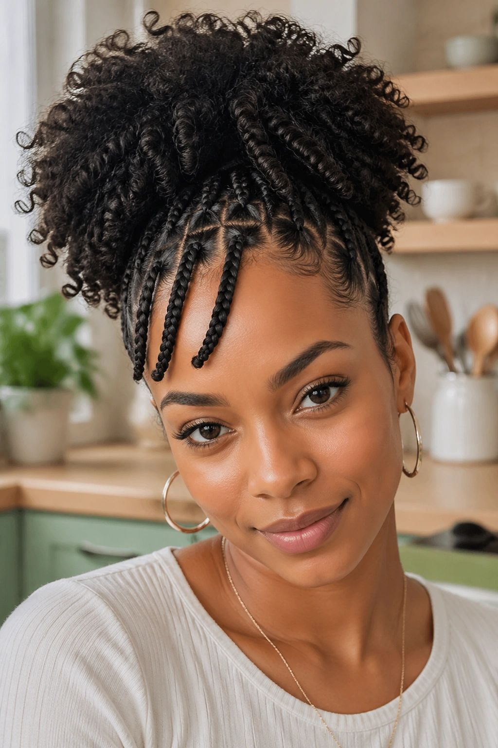 Close-up of braided bangs swept back into a high curly puff in bright kitchen light