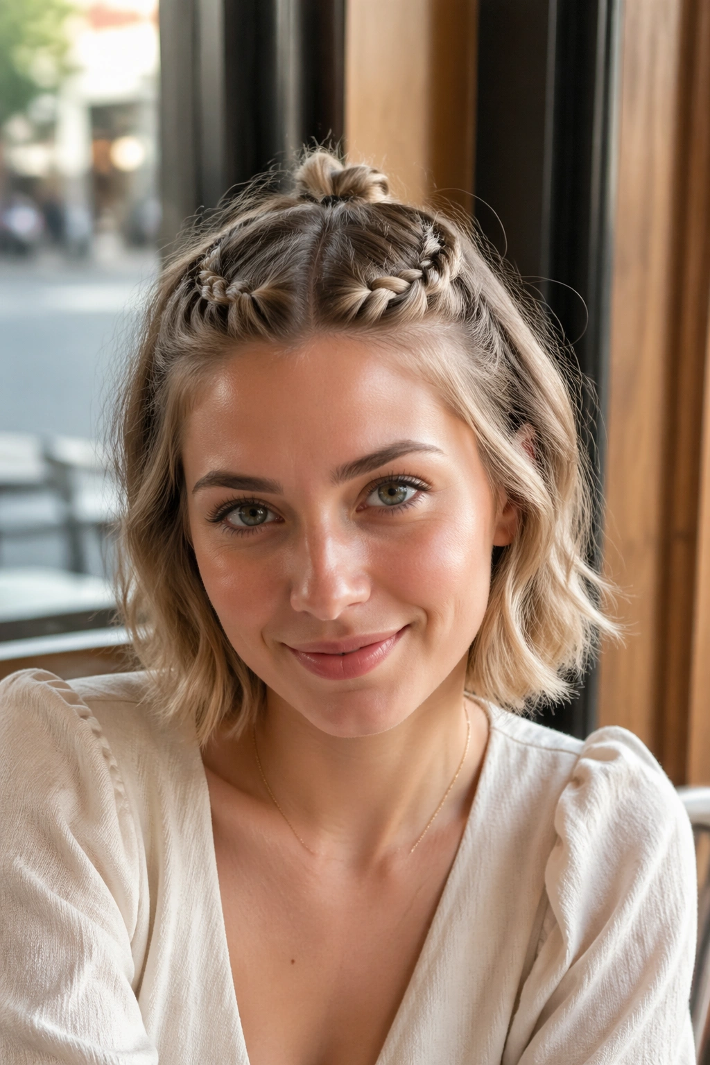 Close-up of real woman with braided bangs into a half knot