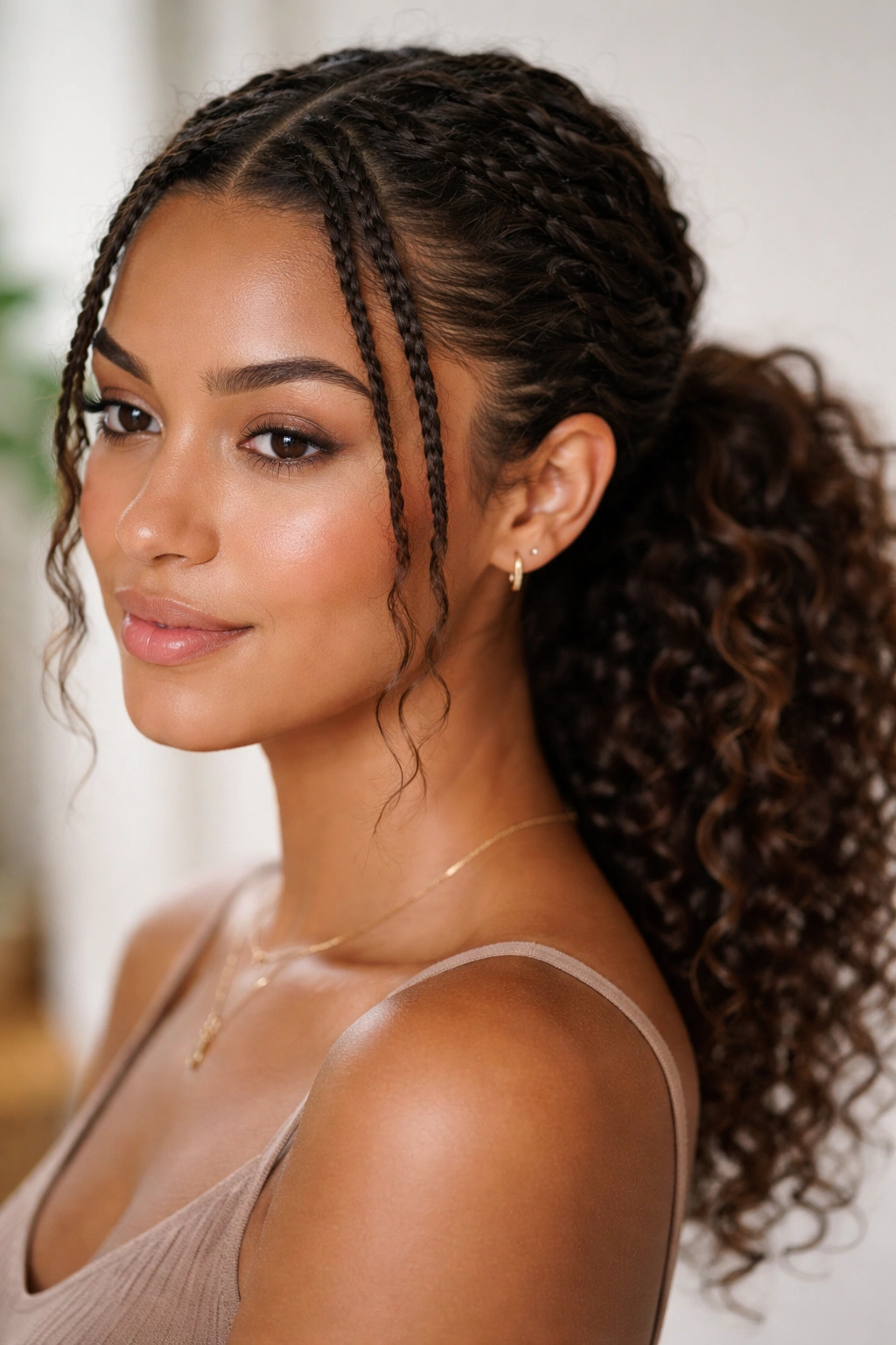 Two slim braids along the hairline into a low ponytail on curly hair