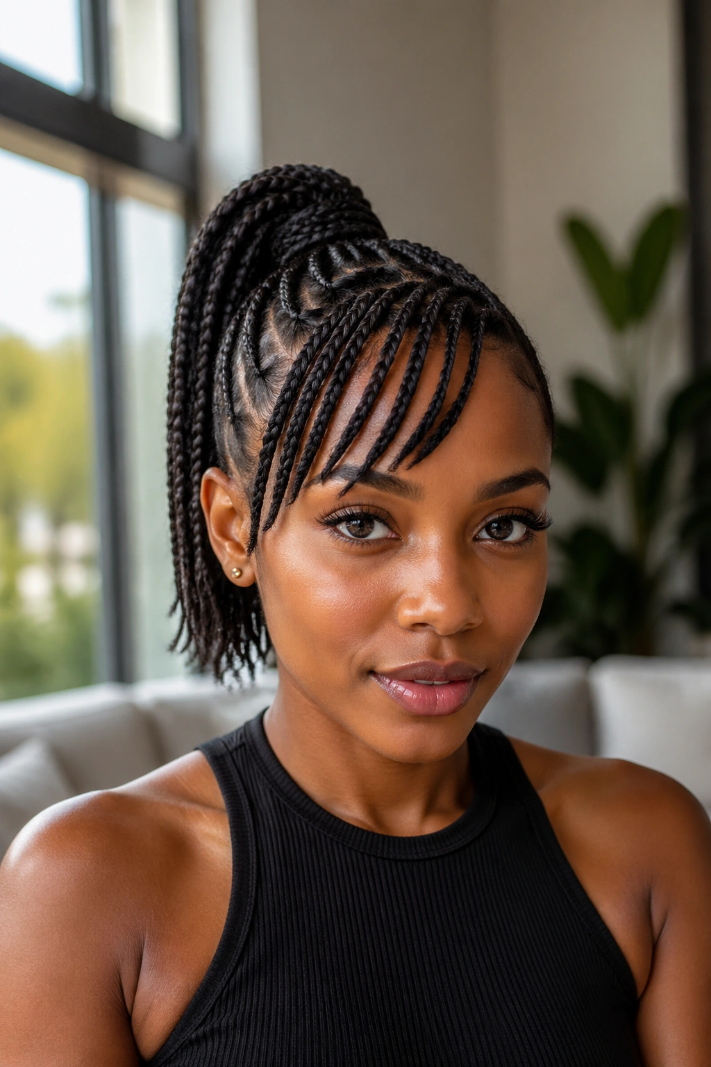 Close-up of a real woman with braided bangs joining a sleek ponytail.