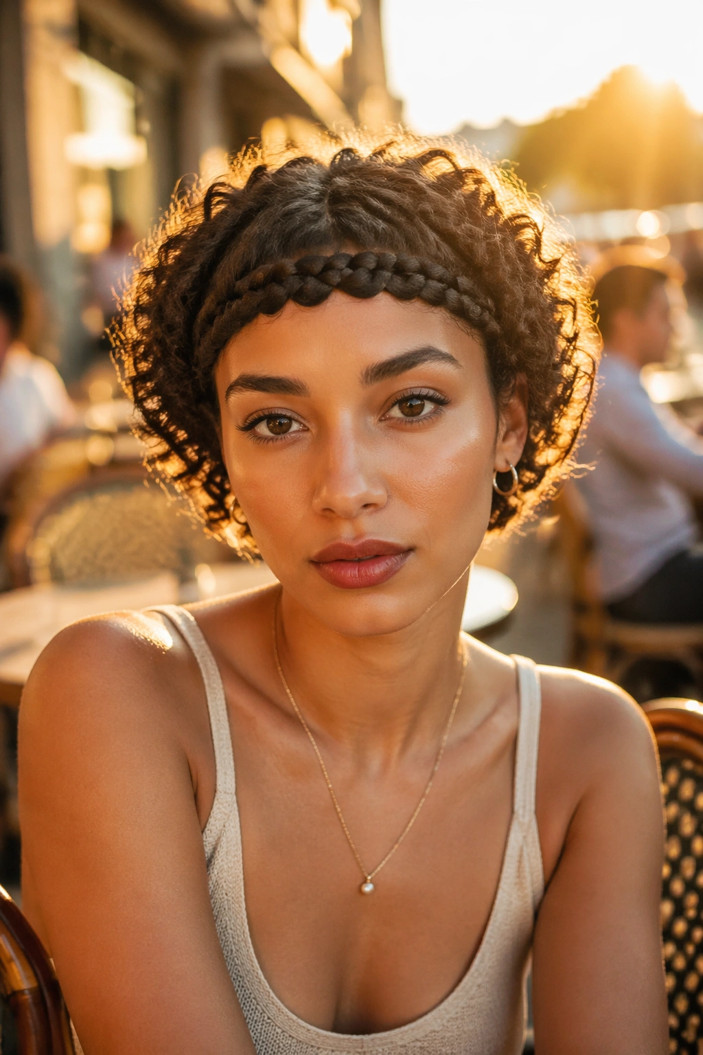 Outdoor hero shot of braided bangs on a short curly fringe