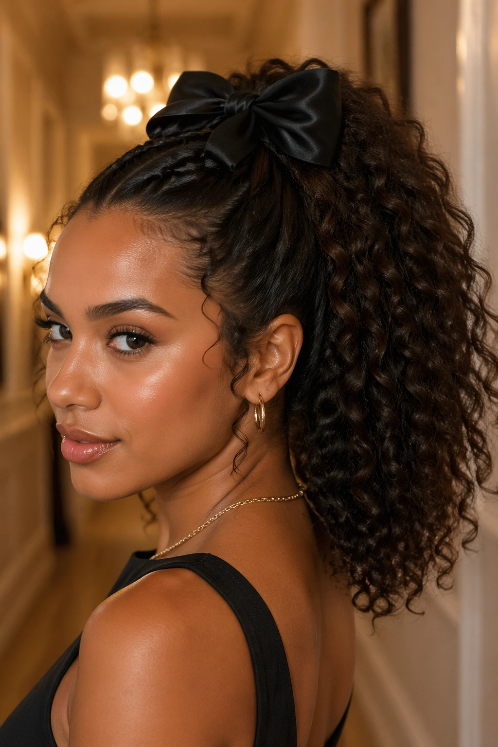 Real woman with braided base bow ponytail hiding the elastic