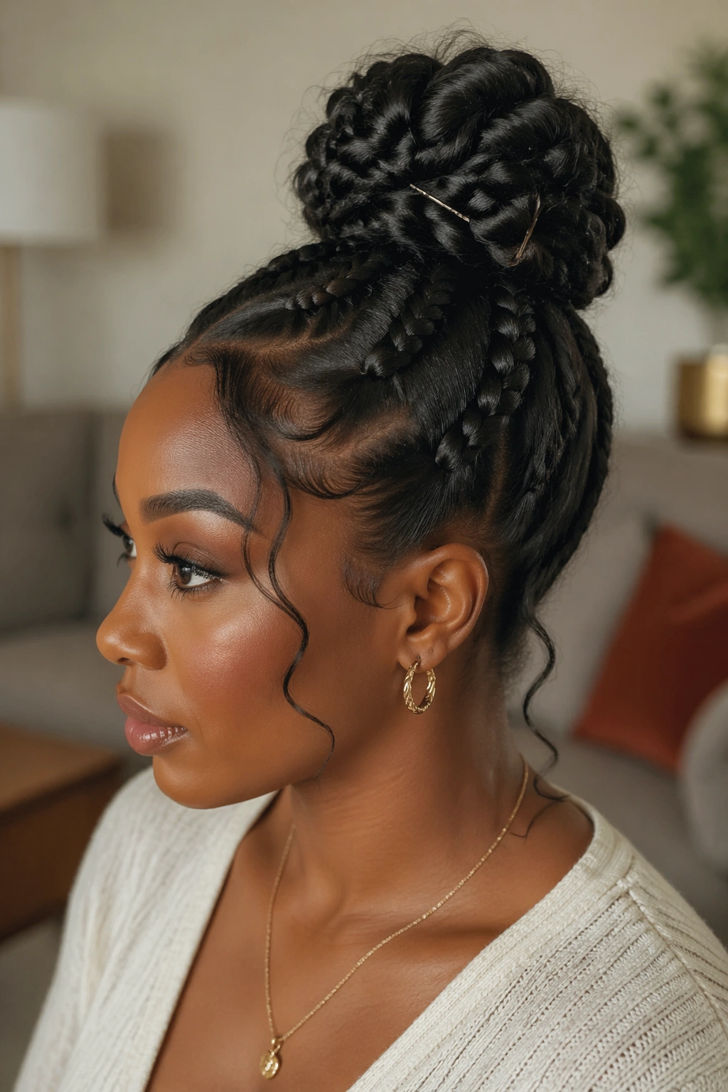 Close-up of a woman with braided ponytail base bun wrapped into a bun.