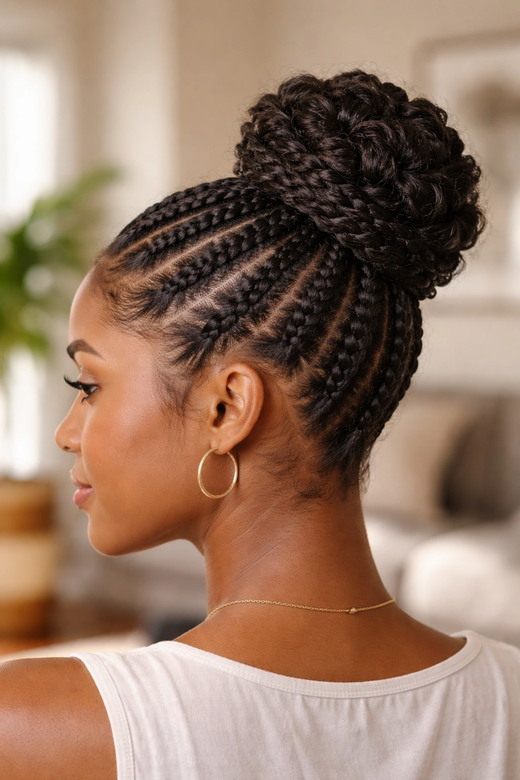 Portrait of a woman with cornrows converging at the crown to form a braided base bun.