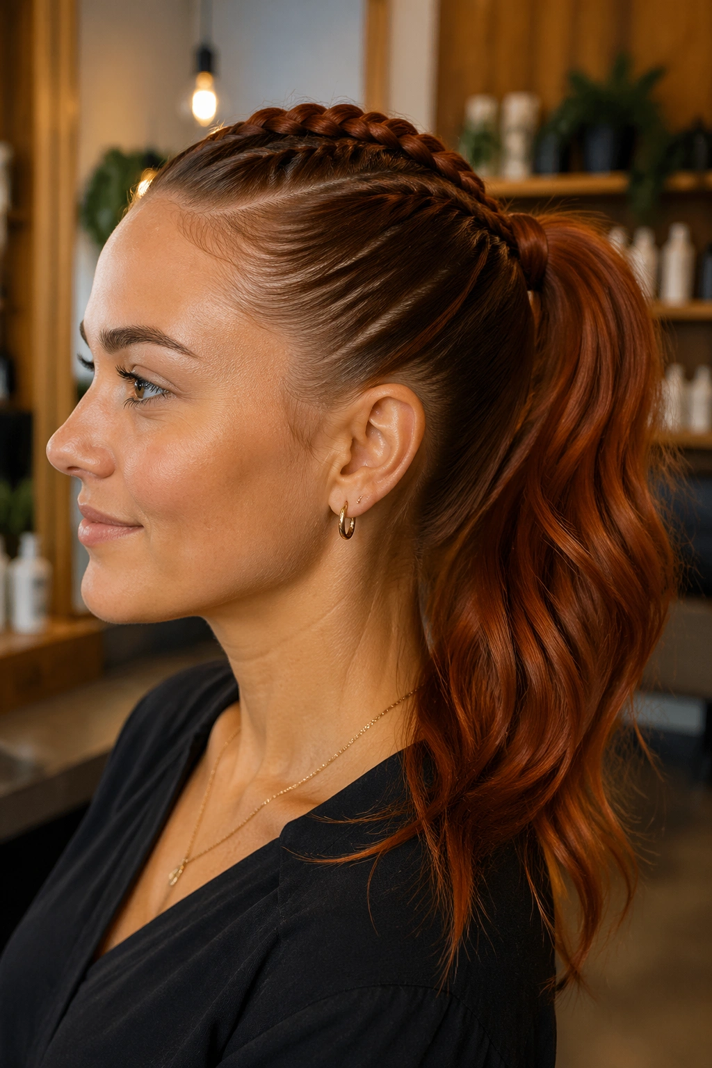 Close-up of a real woman with a braided-base copper ponytail