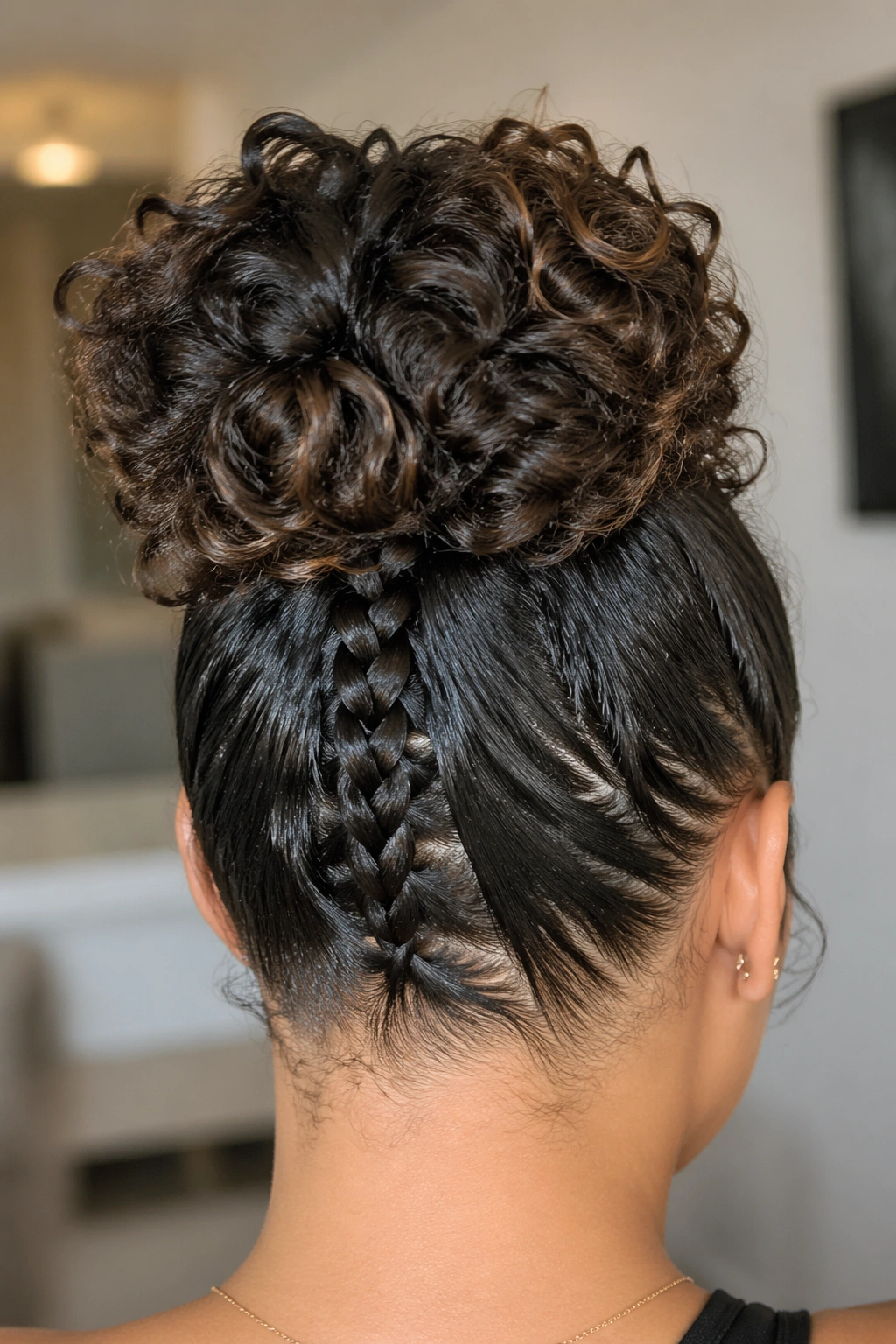 Rear view of a real woman with a braided base feeding into a high curly bun