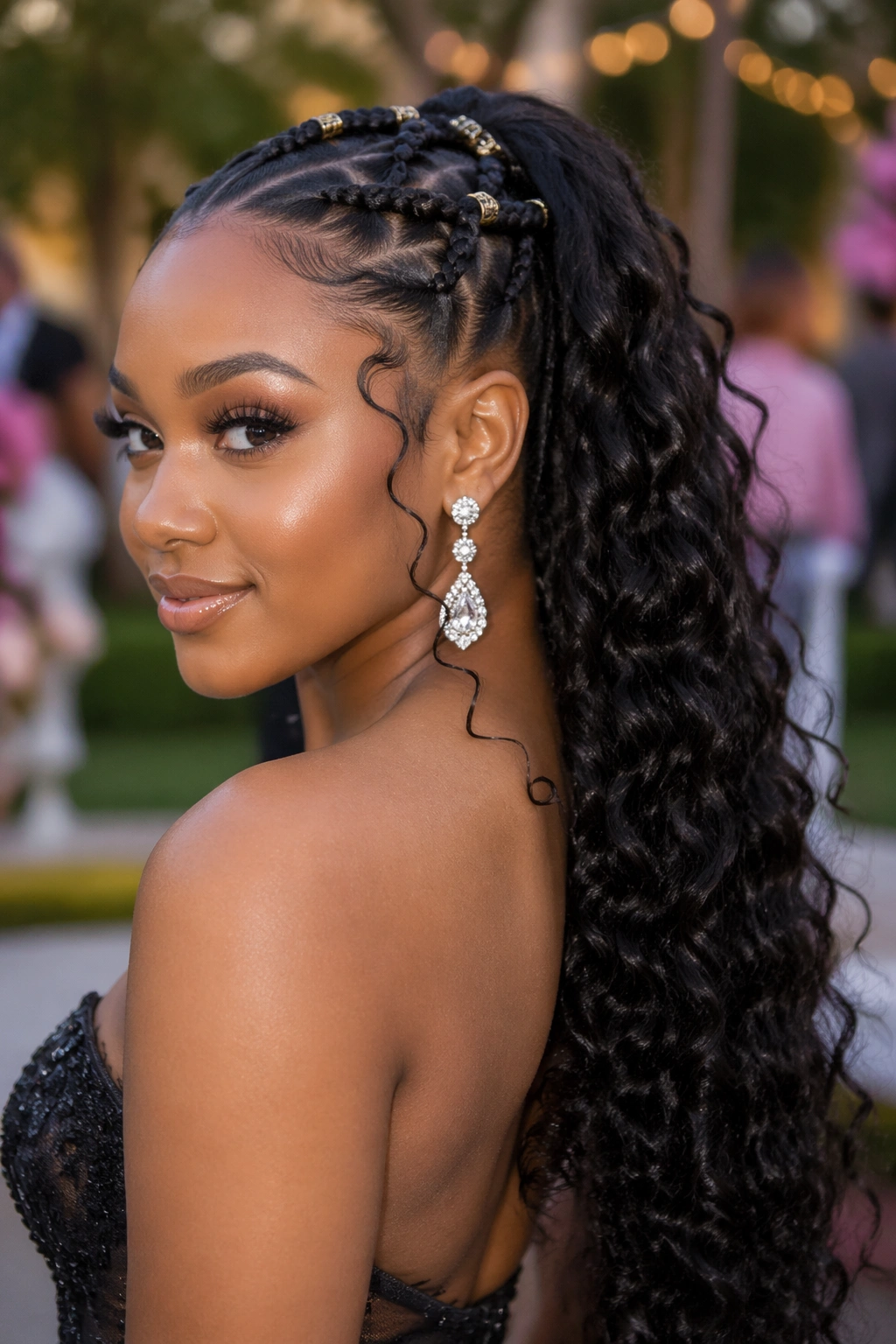Close-up of a real Black woman with a braided base and curly waterfall tail