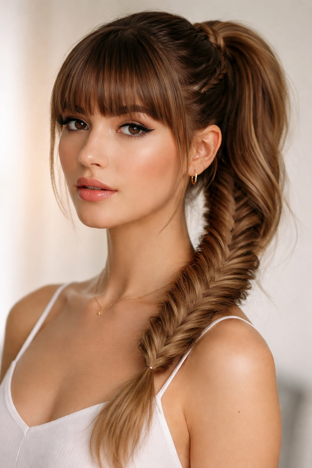 Braided-base fishtail ponytail with blunt bangs and structured front