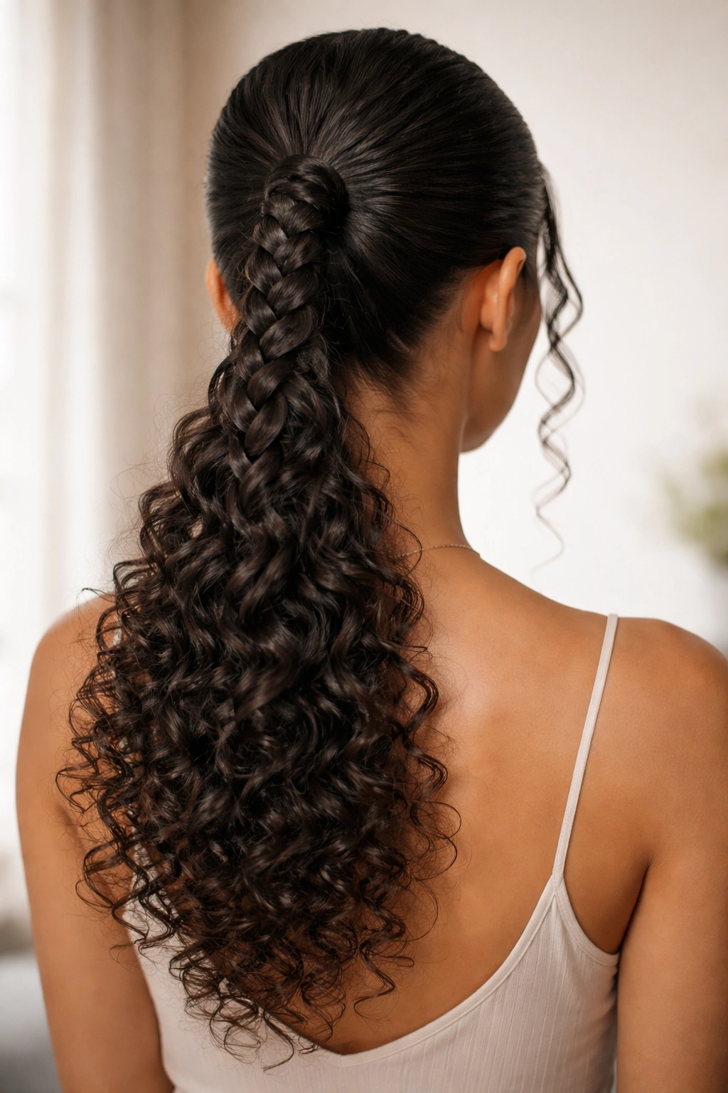 Back view of braided base with loose curly ends