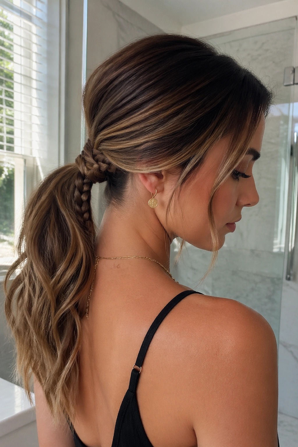 Close-up of a real woman with Braided Base Low Ponytail and a small braid at the base