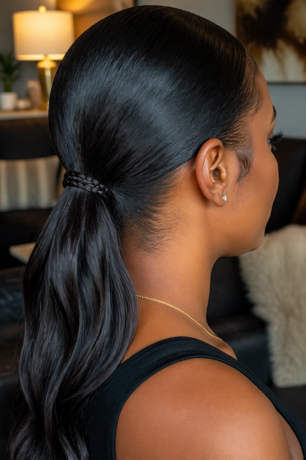Real woman with braided-base low weave ponytail in cozy living room