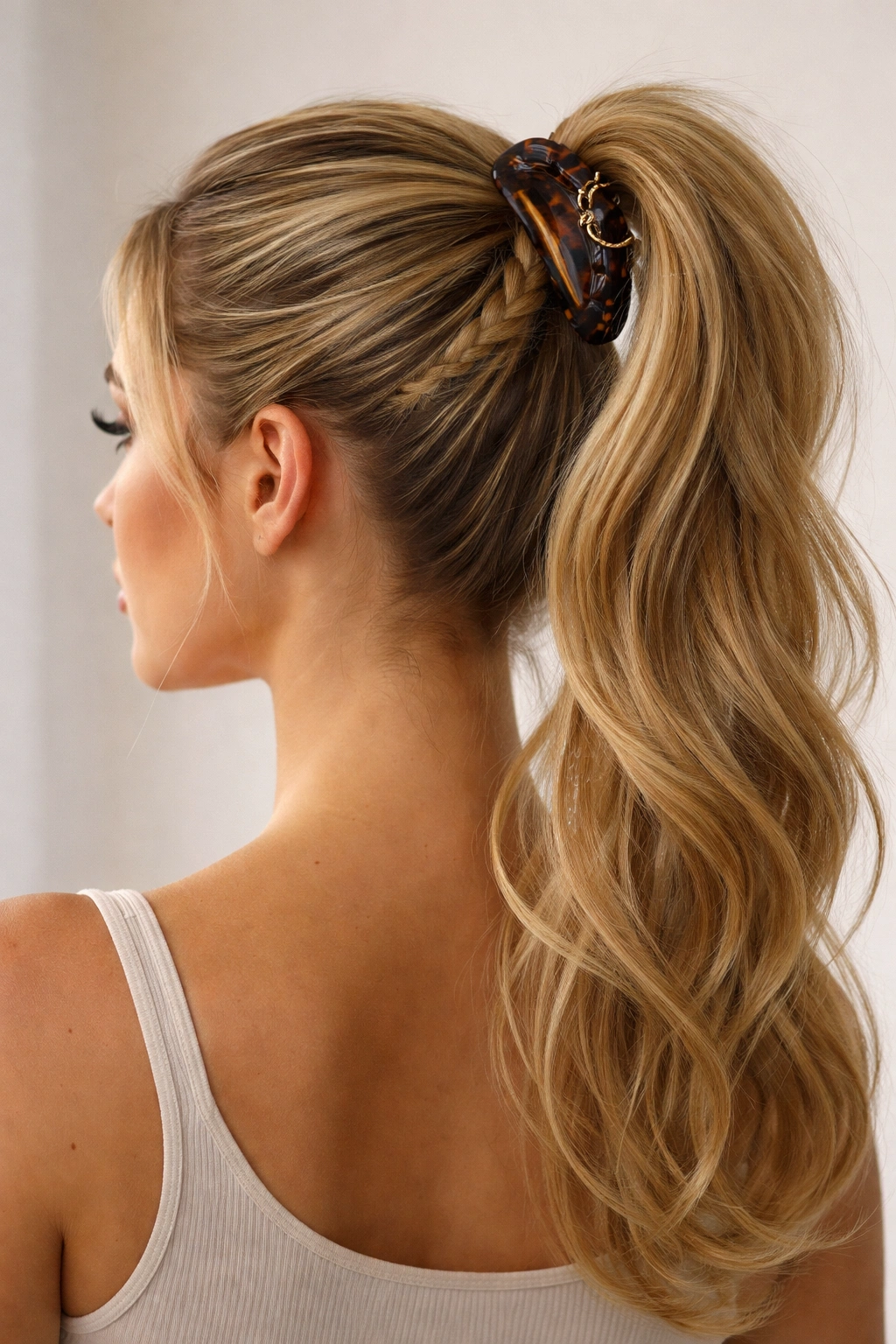 High pony with braided base secured by claw clip