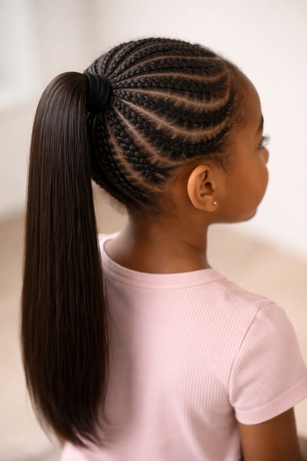 Close-up of a child with a braided base and straight pony