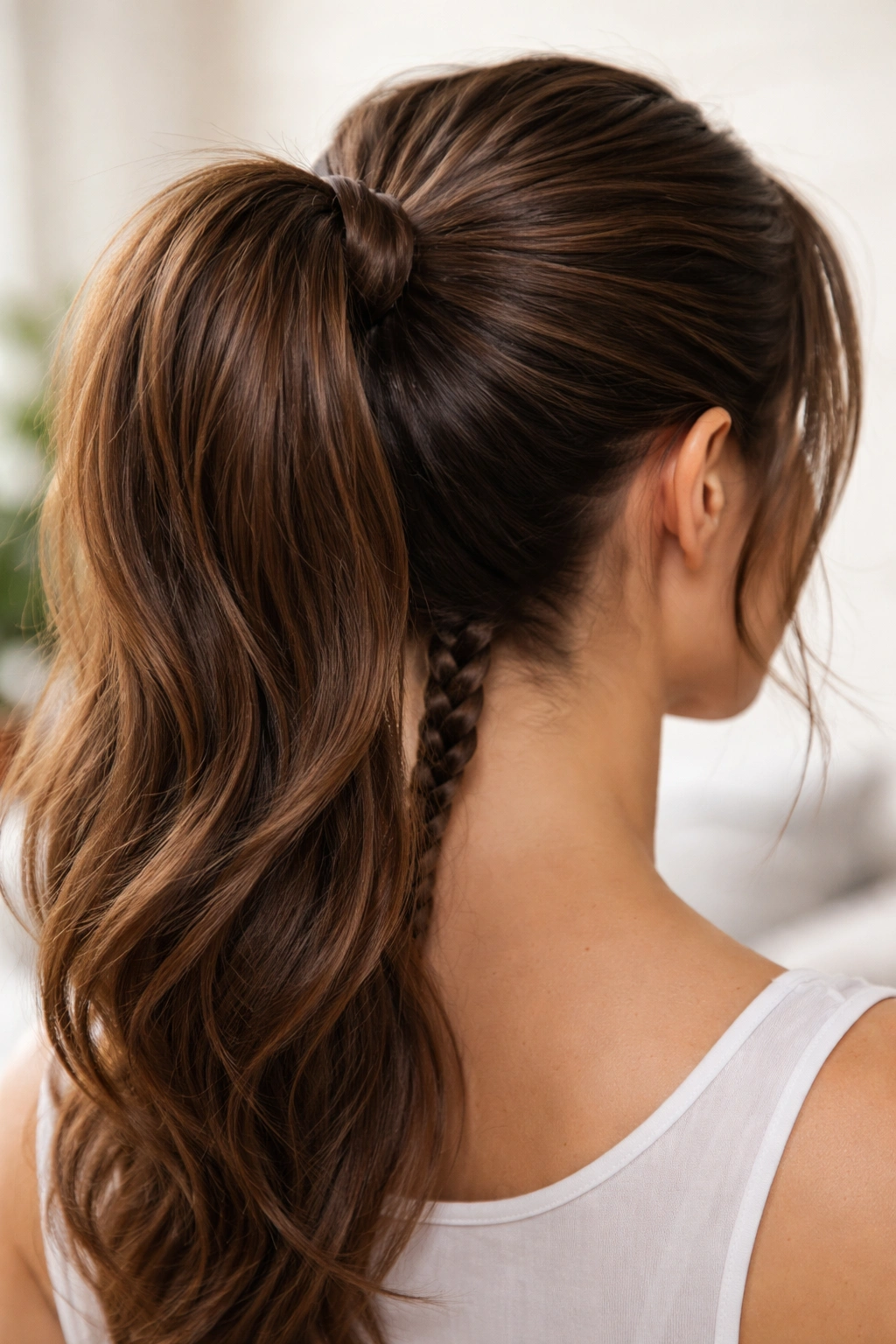 Thick ponytail with a three-strand braid wrapped around the base concealing the elastic