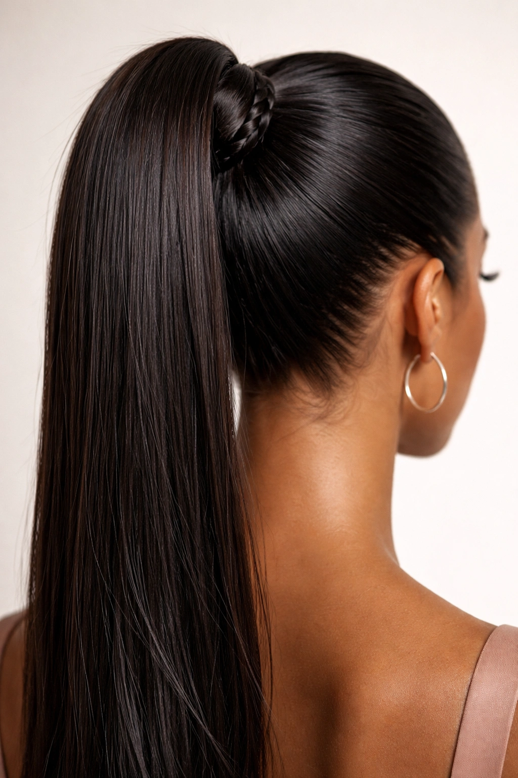 High pony with braided base wrapped around the elastic