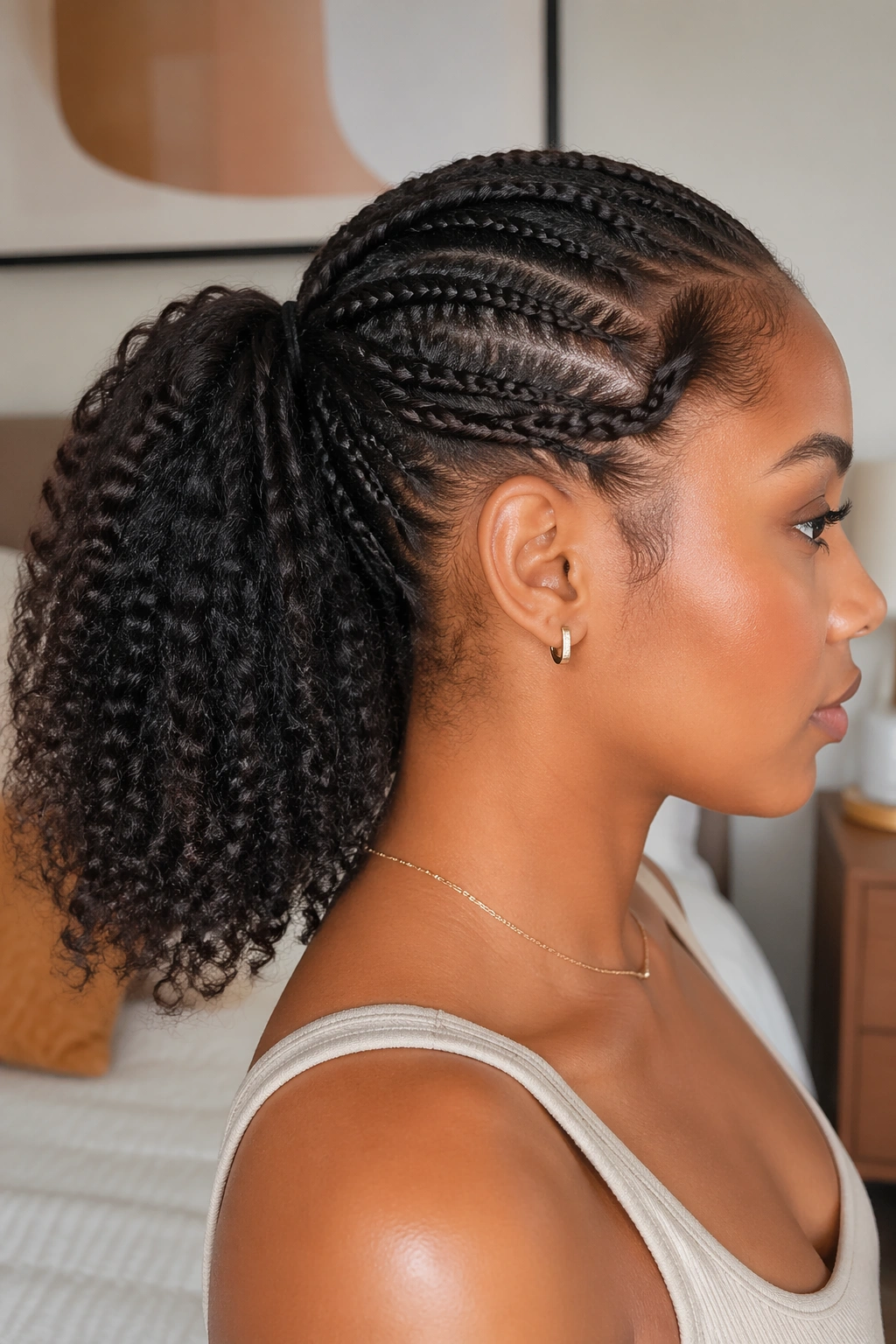 Profile view of a real woman with a braided-base ponytail showing a perimeter braid