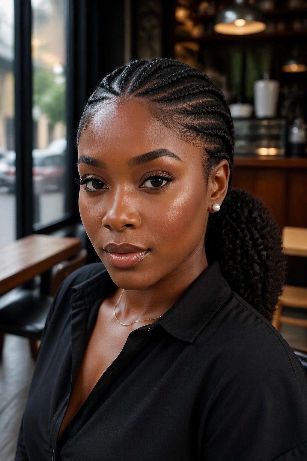 Braided-base low ponytail on a real person with crown braids