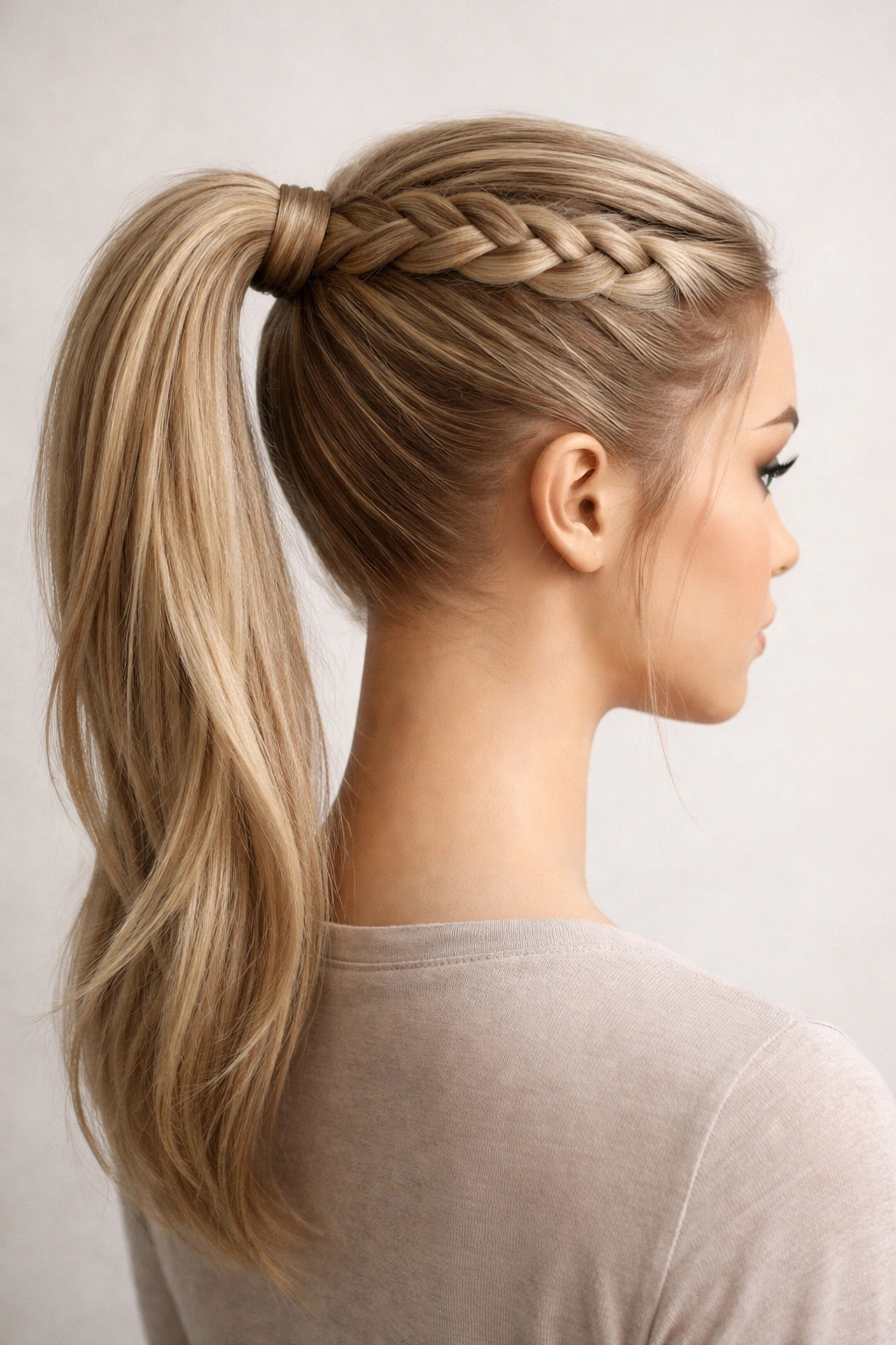 Side view of braided base ponytail with a thick Dutch braid on a mannequin head